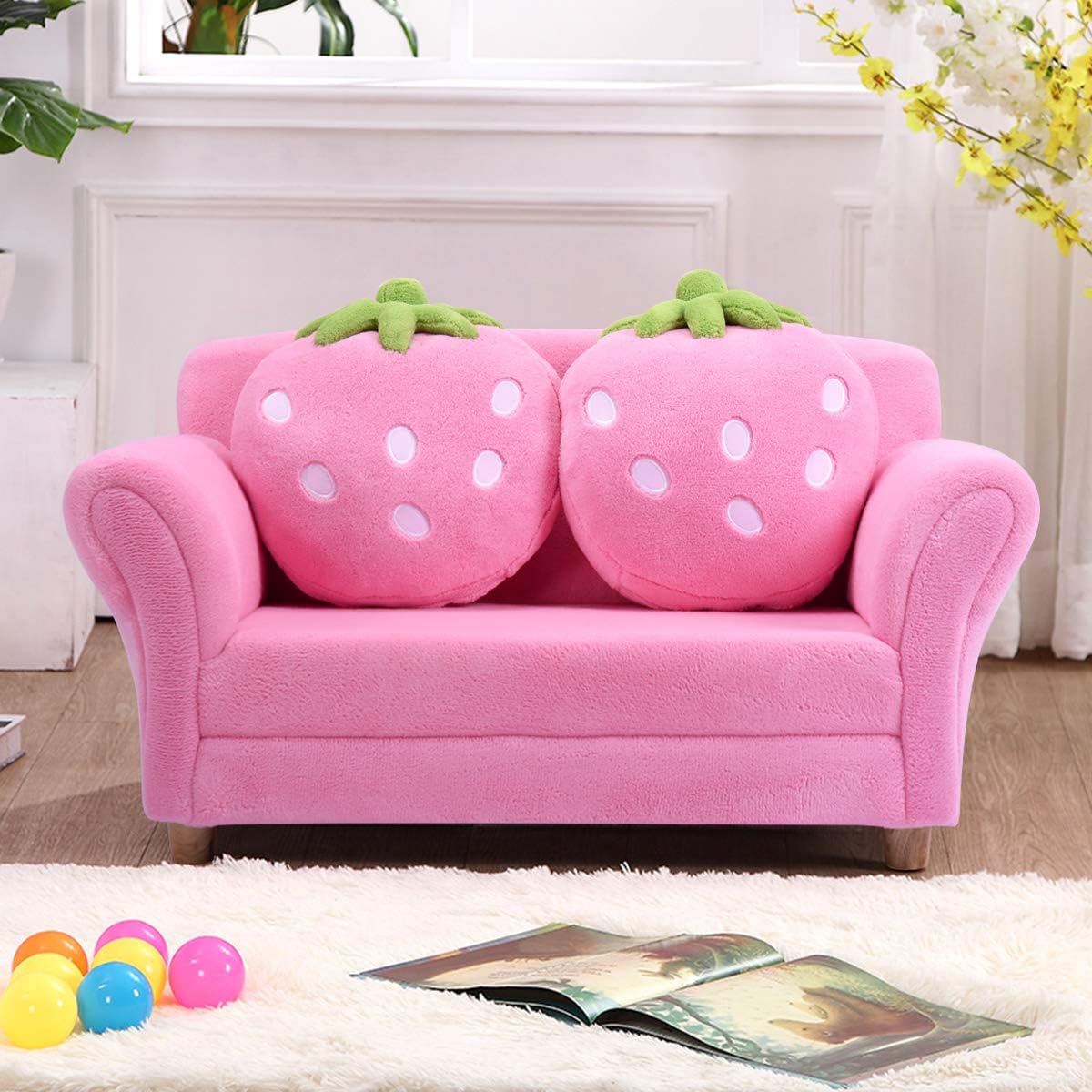 Costzon Kids Couch, Double Seat Pink Children's Sofa with 2 Strawberry Pillows, Toddler Armrest Chair for Bedroom, Living Room, Large Soft for Kids Loveseat Toy for Baby Girls Preschool Gifts Presents