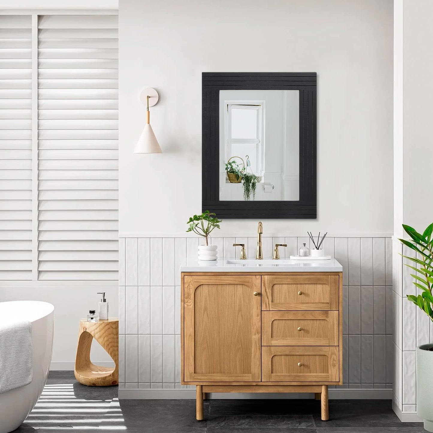 Black Vintage Rustic Wood Framed Wall Mirror Farmhouse Rectanglular Antique Decor Hanging Mirror for Bathroom Bedroom Living Room Entryway Large 20"x16"