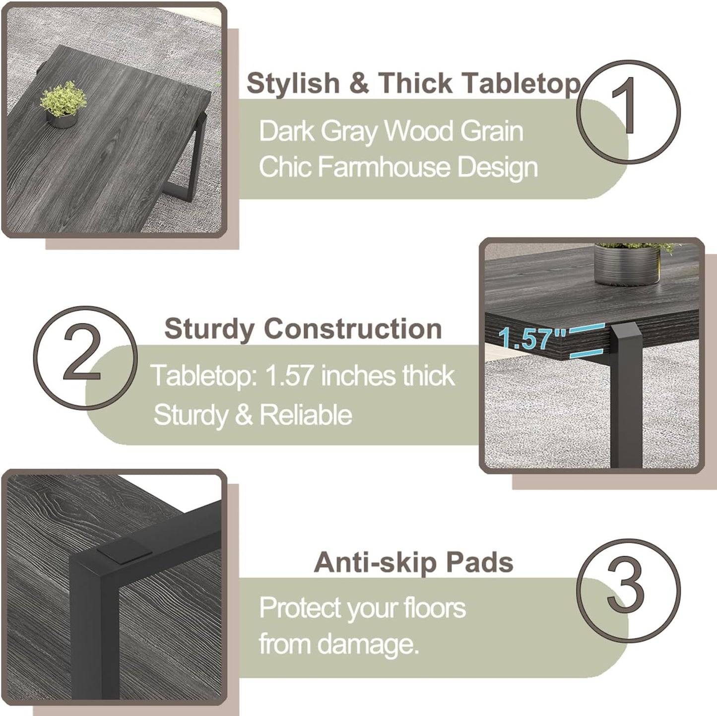 FOLUBAN Coffee Table, Modern Industrial Wood and Metal Center Table, Rectangle Cocktail Tea Table for Living Room, Dark Gray, 44 Inch