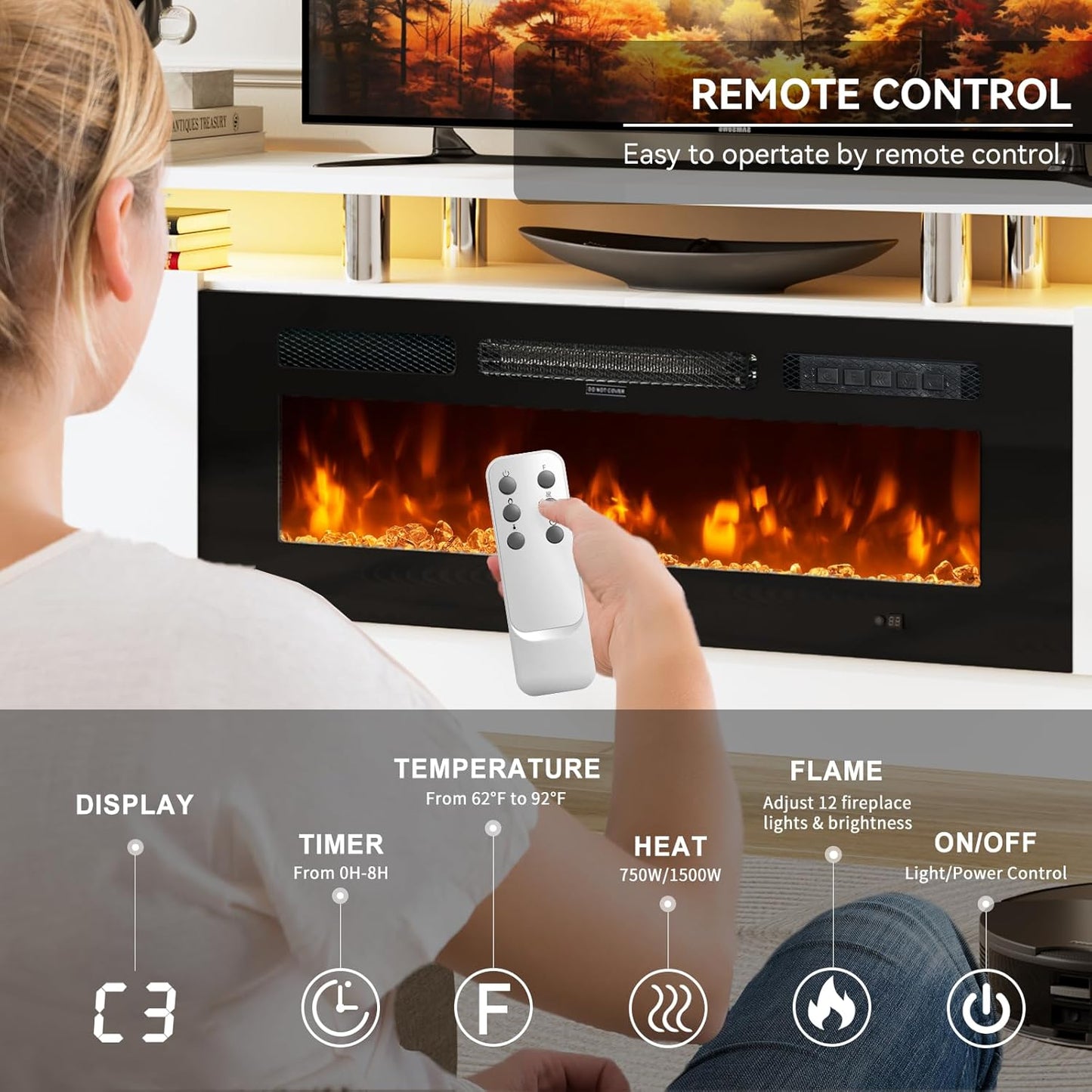 80" TV Stand & Media Console, Entertainment Center with Storage Shelves, Fits TVs up to 90", Modern Living Room Cabinet, 36" Electric Fireplace (White+Black)