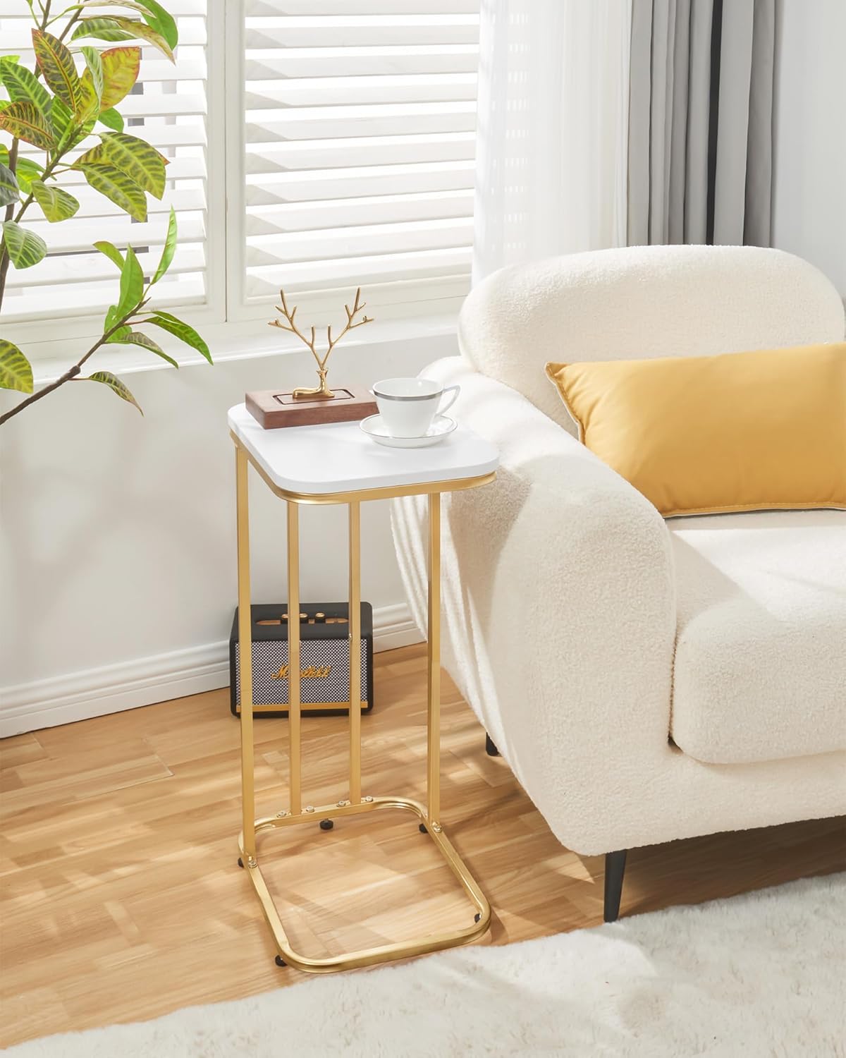 C Shaped End Table, 27 inches High Side Table for Couch Sofa Bed, Small Tv Tray, for Living Room, Bedroom, Metal Frame, Gold & White