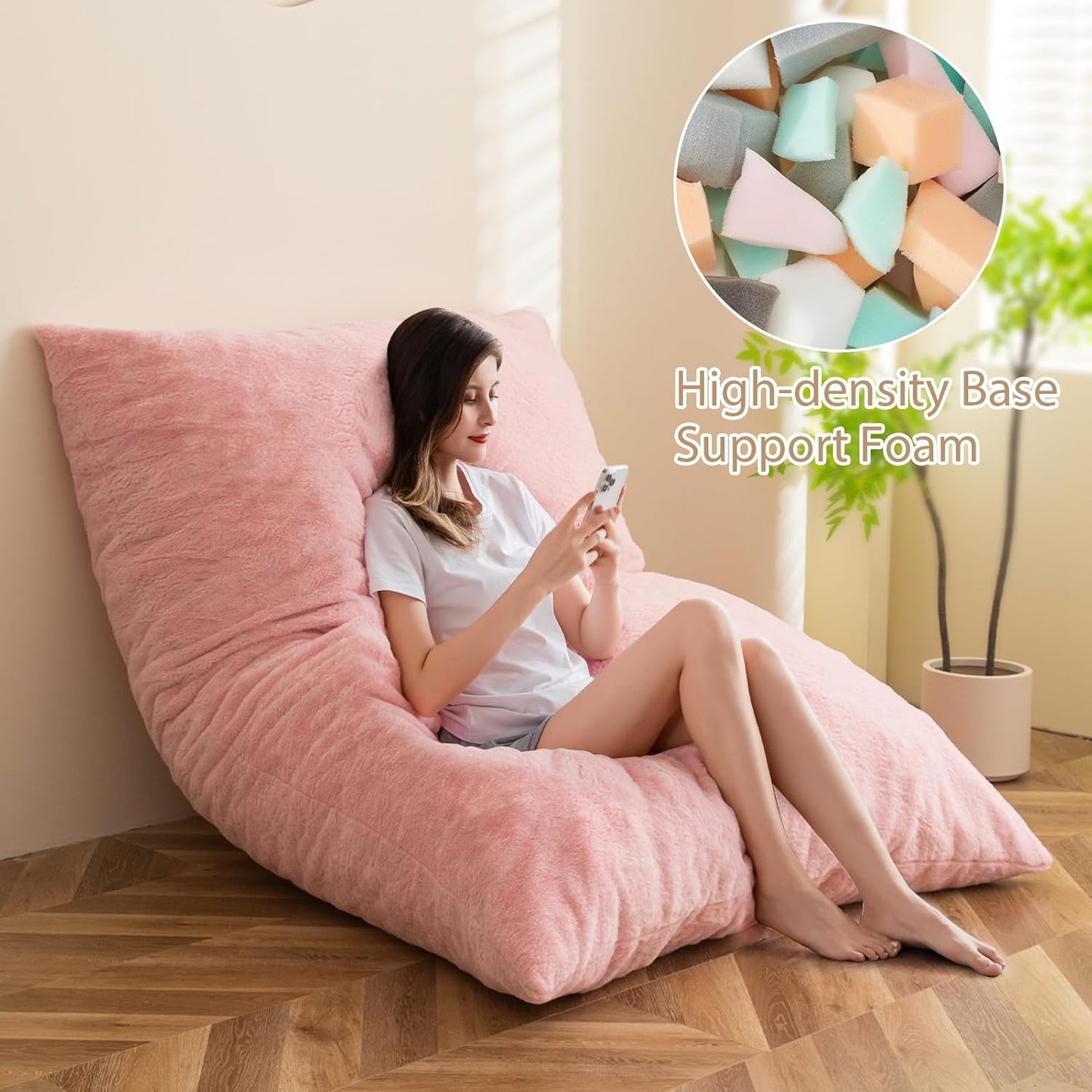 BYBYME 3 in 1 Bean Bag Chair, Convertible Chair Folds from Bean Bag to Lounger, High-Density Foam Filling, Faux Fur Big Sofa Bed, Giant Bean Bag Chair Bed for Adults