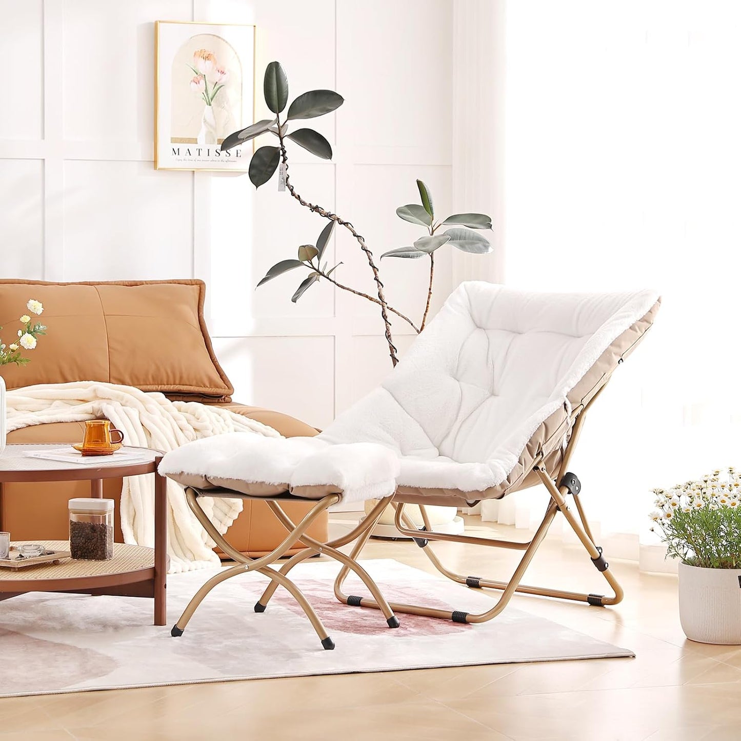 Comfy Folded Chair with Ottoman, Oversized Folding Faux Fur Chair Soft Furry Lounge Lazy Chair with Metal Frame Moon Chair Accent Chair for Bedroom, Living Room, Dorm Rooms