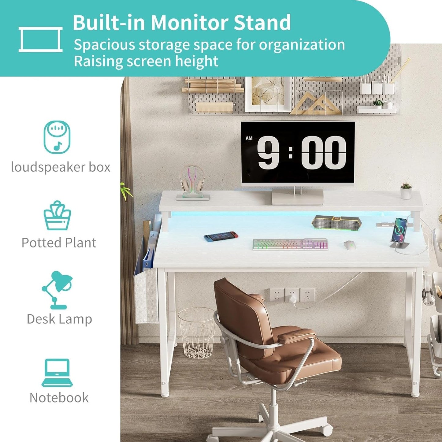 Lufeiya Small White Desk with LED Lights and Power Outlets, 32 Inch Home Office Computer Desks with Monitor Stand, Teen Writing Study Table Gaming Desk with Charging Station, White