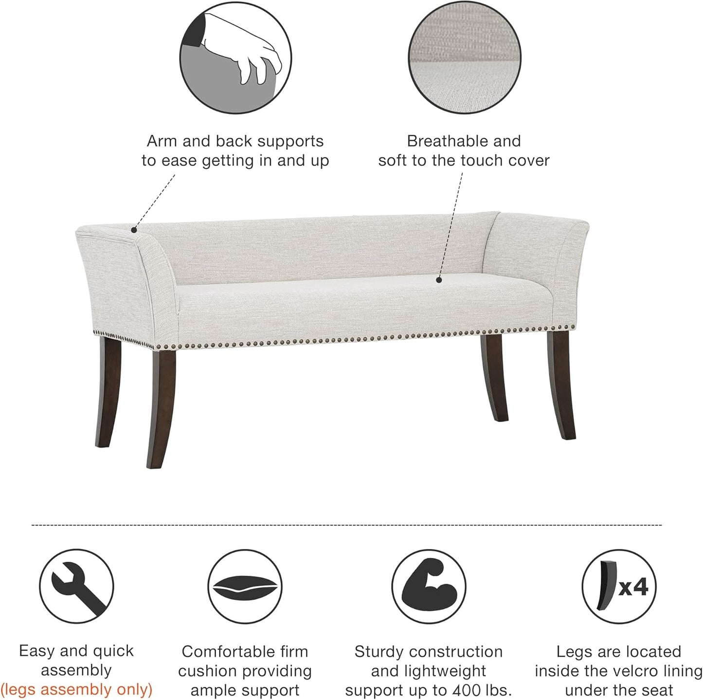 Madison Park Accent Bench for Living Room, Upholstered with Nailhead Trim, & Padded Seat Entryway Bench Small, End of Bed Bench with Back, 49.5" W x 19.25" D x 23" H, White Cream
