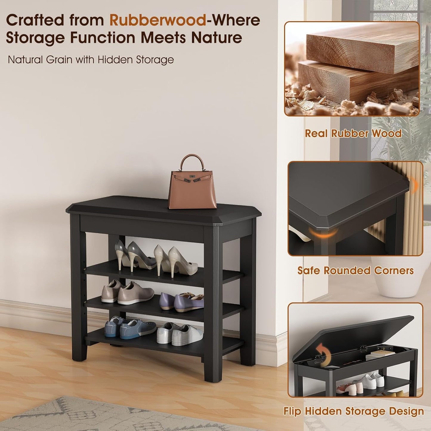 Shoe Rack Bench Seat Rubberwood 3-Tier Wooden Storage Bench 550lbs Compact Mid-Century Modern Design for Entryway, Hallway, Closet, Front Door Entrance, Foyer