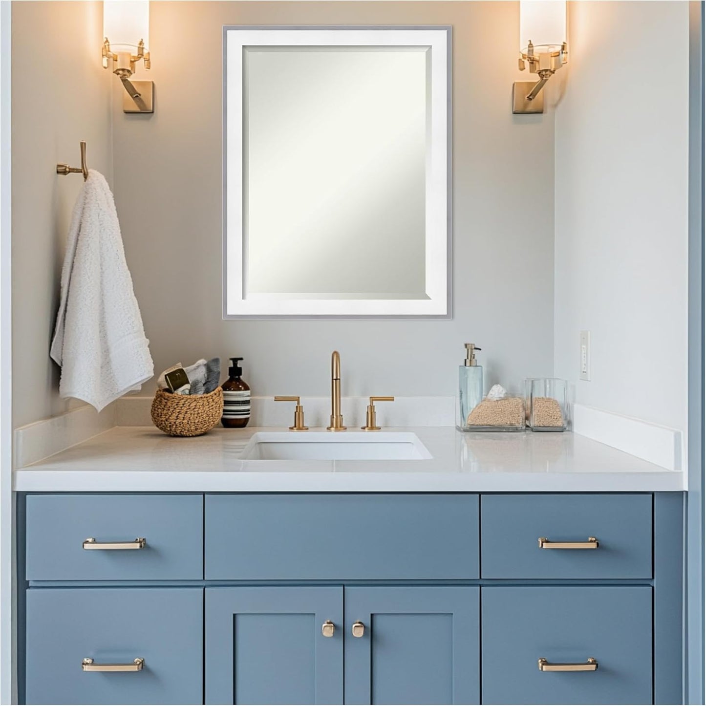 Amanti Art Bathroom Mirror for Over Sink, 27x21 Maya White Silver Rectangle Vanity Mirror, Medium Modern Contemporary Frame, Hangs Horizonally and Vertically, Bathroom Wall Decor, Beveled Edge
