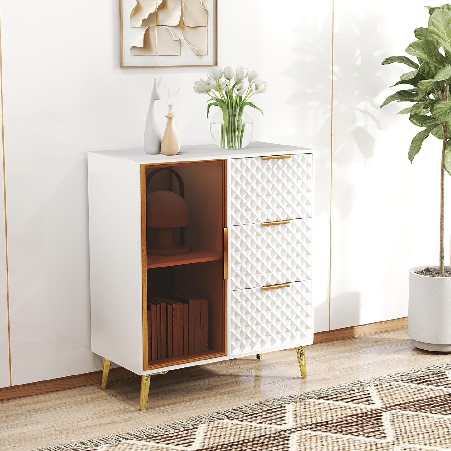 Rovibek Modern Sideboard Cabinet with Storage, Small Kitchen Buffet Cabinet with Glass Door & 3 Drawers, 31" Accent Sideboard Buffet for Kitchen, Living Room, White