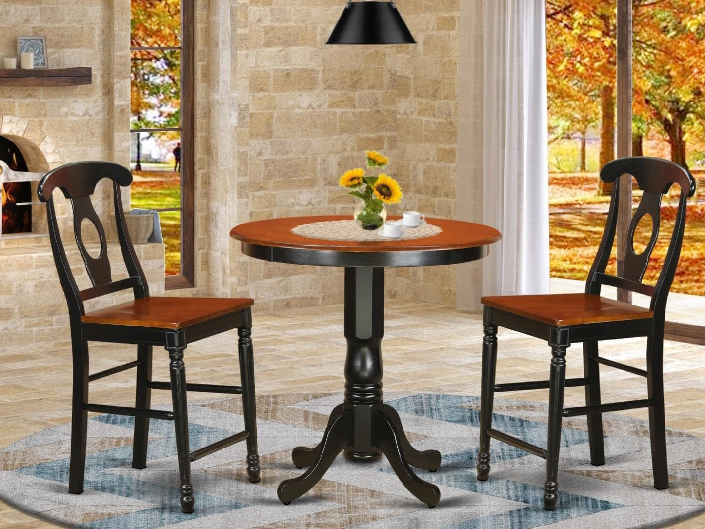 East West Furniture JAKE3-BLK-W 3 Piece Counter Height Dining Table Set Contains a Round Kitchen Table with Pedestal and 2 Dining Room Chairs, 36x36 Inch, Black & Cherry