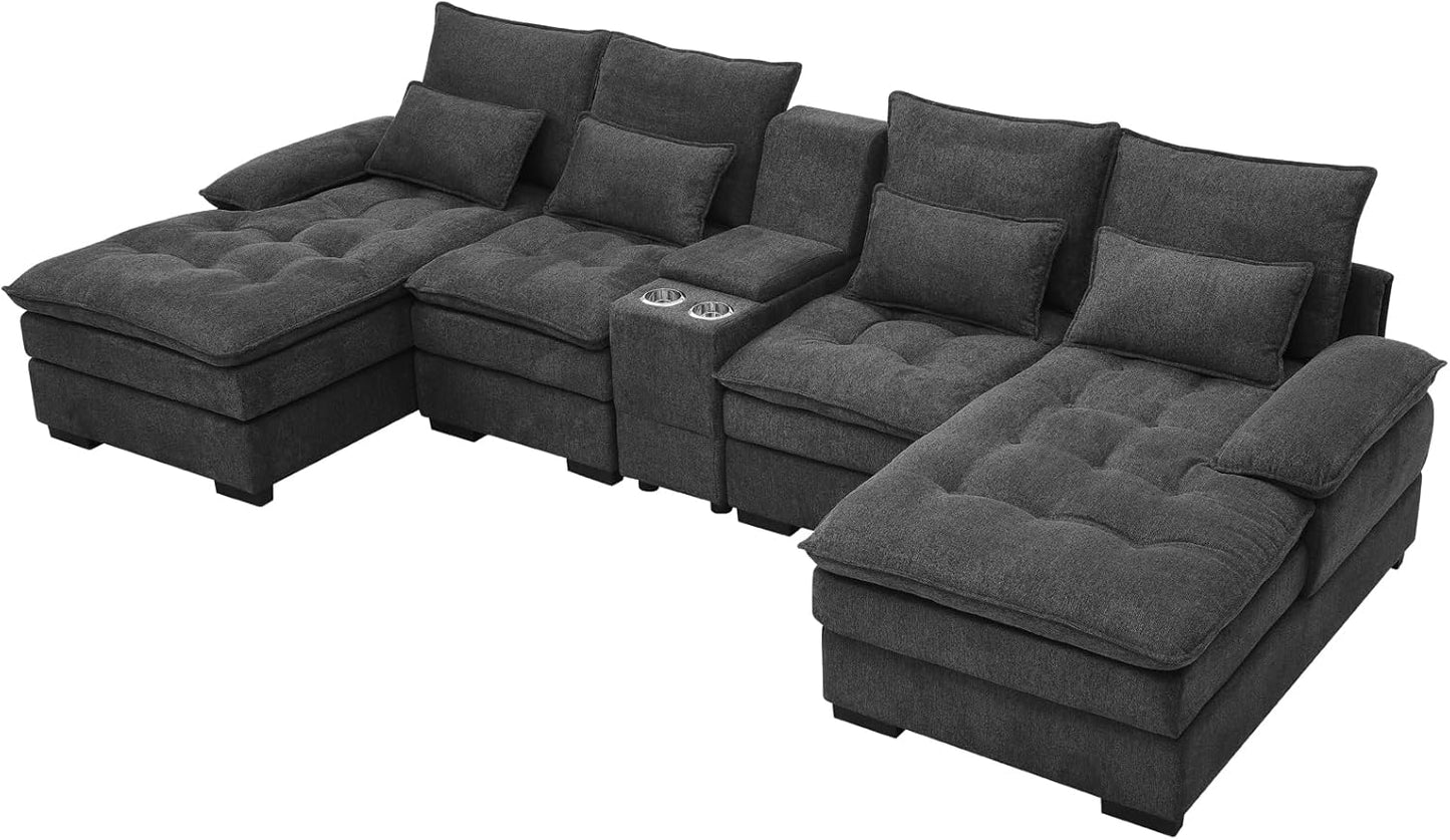 130" U-Shaped Sectional Sofa with Storage Console & Cup Holders, Upholstered 6 Seat Living Room Sleeper Couch Furniture Set w/Chaise, Cloud Cushion Couch for Home, Office, Apartment,Grey