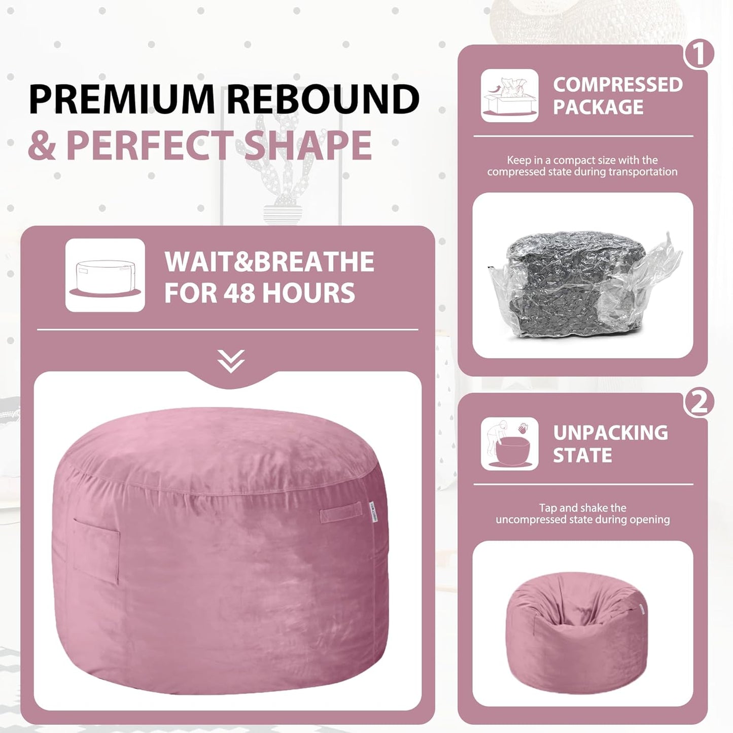 HABUTWAY Bean Bag Chair 3Ft Luxurious Velvet Ultra Soft Fur with High Rebound Memory Foam Bean Bag Chairs for Adults Plush Lazy Sofa with Fluffy Sponge 3' (Soft Pink)