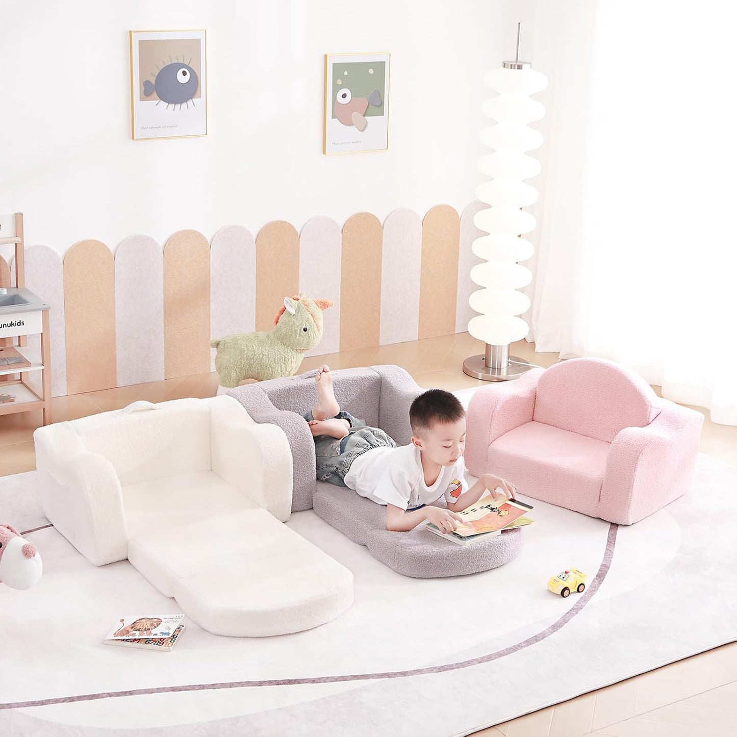 Tiita Kids Sofa, 2-in-1 Kid Sofa Chair, Convertible Chirldren Couch to Lounger, Flip Out Kids Sofa Chair, Toddler Armrest Chair Bed, Folding Kids Play Sofa for Girl or Boy, Grey