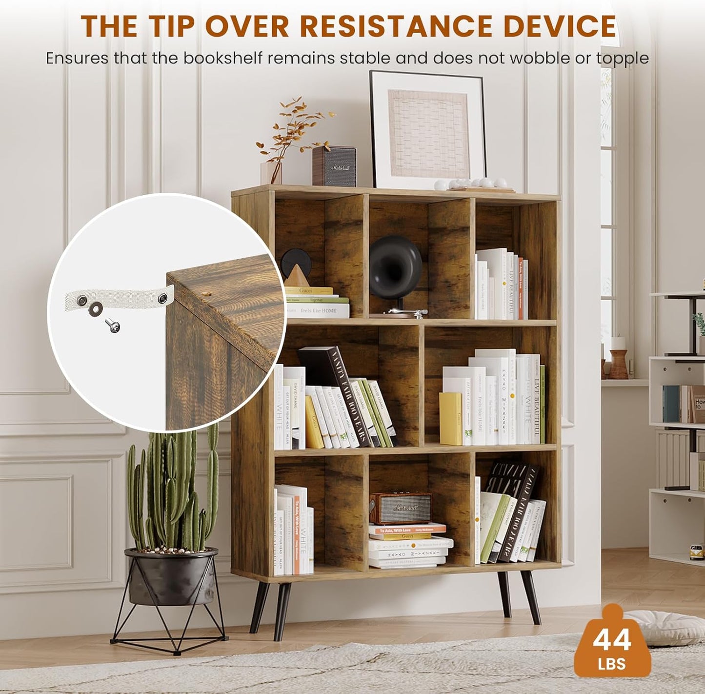 8 Cube Bookshelf 3 Tier Mid-Century Rustic Brown Modern Bookcase with Legs,Retro Wood Book Shelf Storage Organizer Shelf,Freestanding Organizer Display Shelf for Bedroom,Living Room,Office