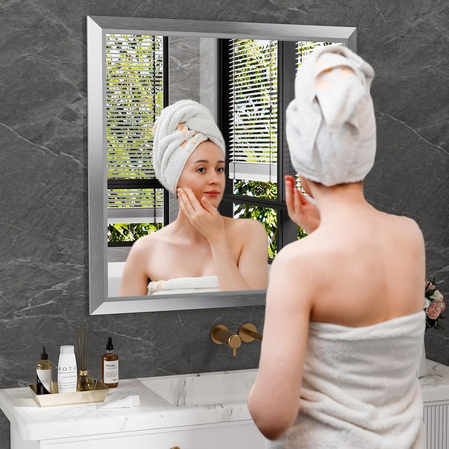 Amorho 36x36 Inch Bathroom Mirror Silver, Thick Metal Framed Wall Mirrors for Over Sink, Brushed Nickel Mirror Perfect for Bedroom, Living Room, Entryway, Rectangle (Horizontal/Vertical).