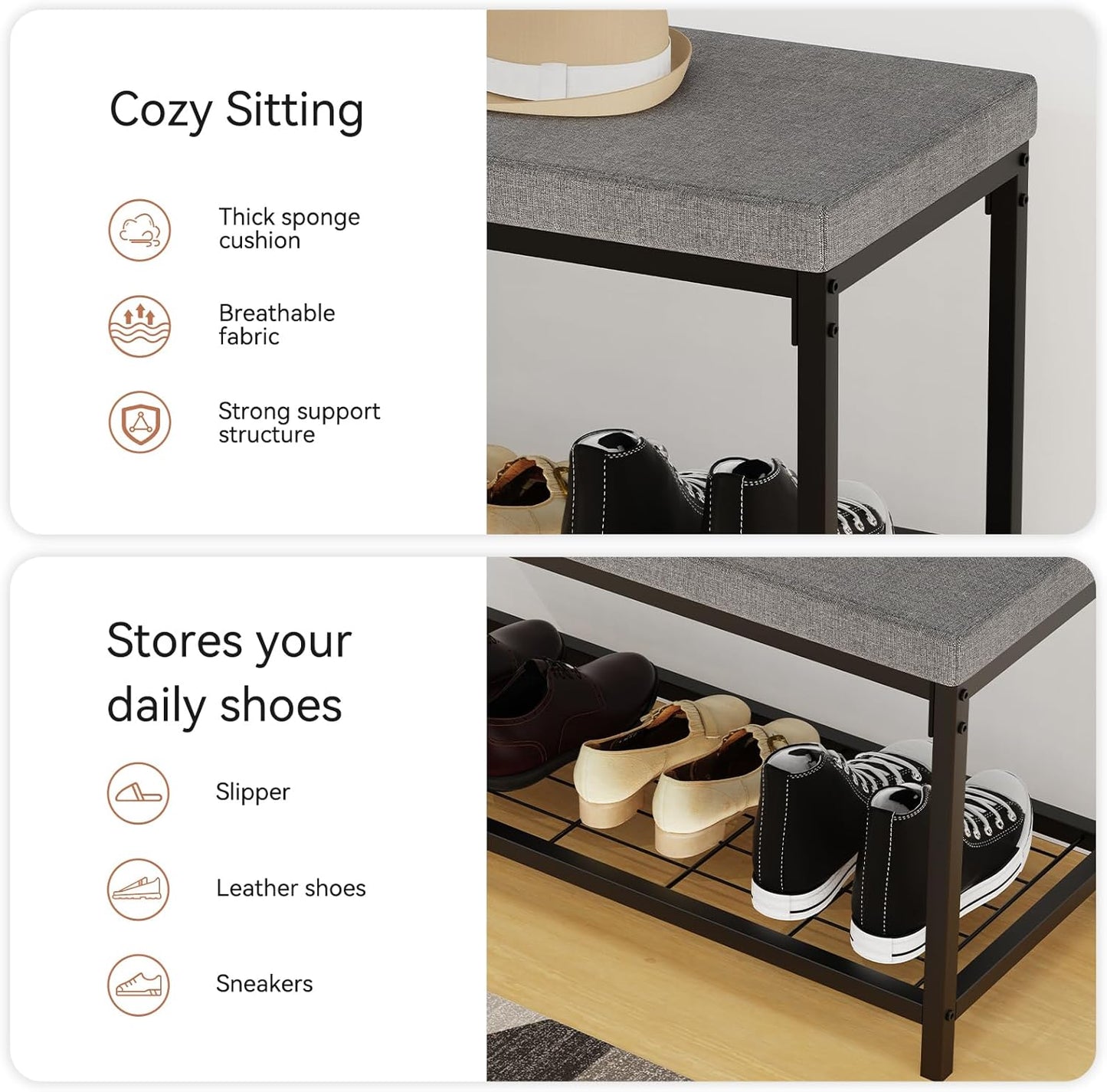 Shoe Bench, Entryway Bench with Cushion Seat, Shoe Rack Bench with Storage, Modern Style, Holds Up to 350 lb, for Living Room, Bedroom, Hallway, Grey