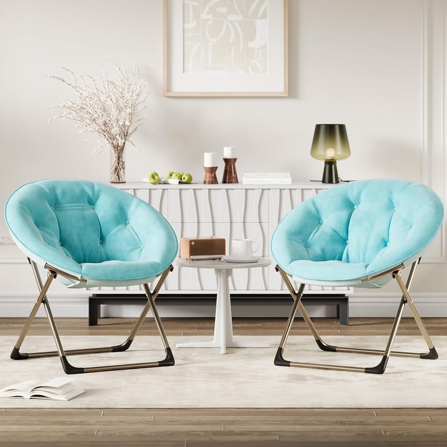 Comfy Saucer Chairs, Blue Folding Reading Lounge Chair, Cozy Faux Fur Living Room Chair with Soft Thick Padded Seat & Metal Frame, Modern Style Bedroom Home for Kids Adults, X-Large, Gold Legs