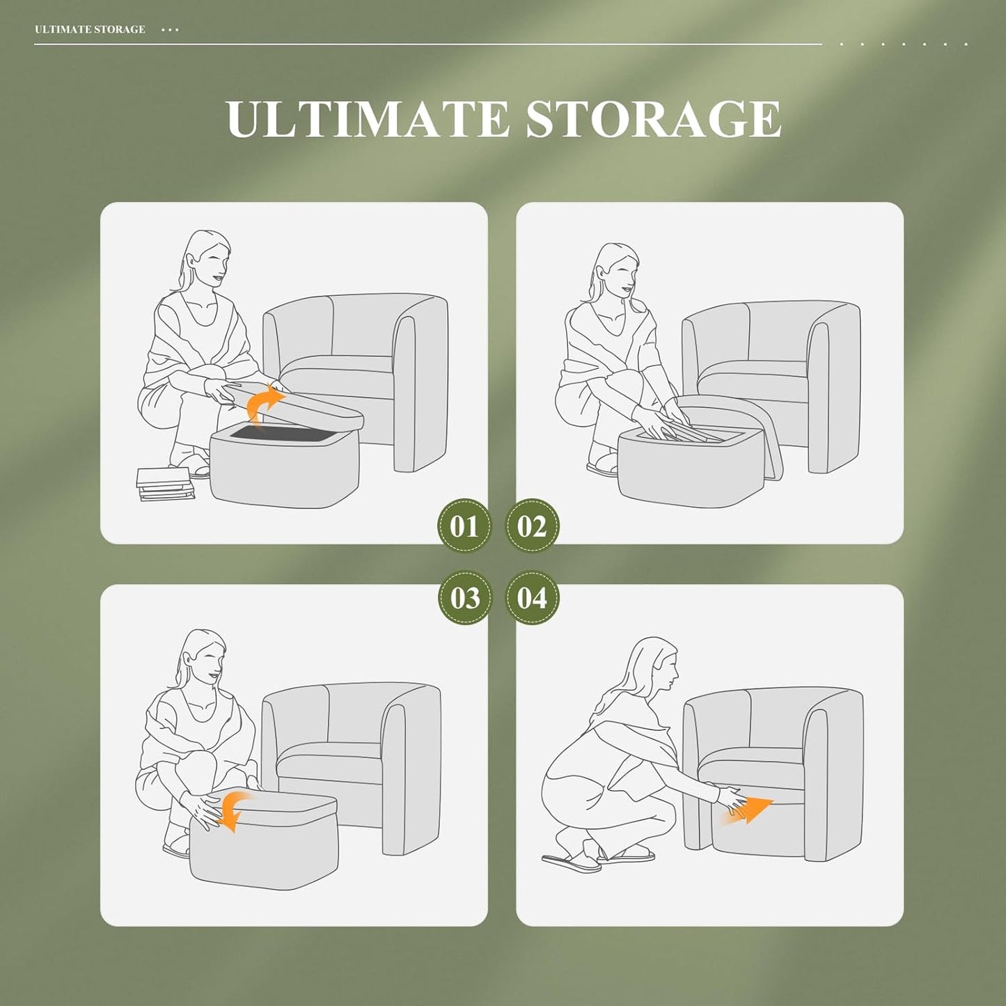 COLAMY Morden Velvet Living Room Side Chair with Storage Ottoman Set of 2, Single Sofa Armchair with Lounge Seat, Upholstered Barrel Accent Chair for Bedroom/Office/Reading Spaces, Green