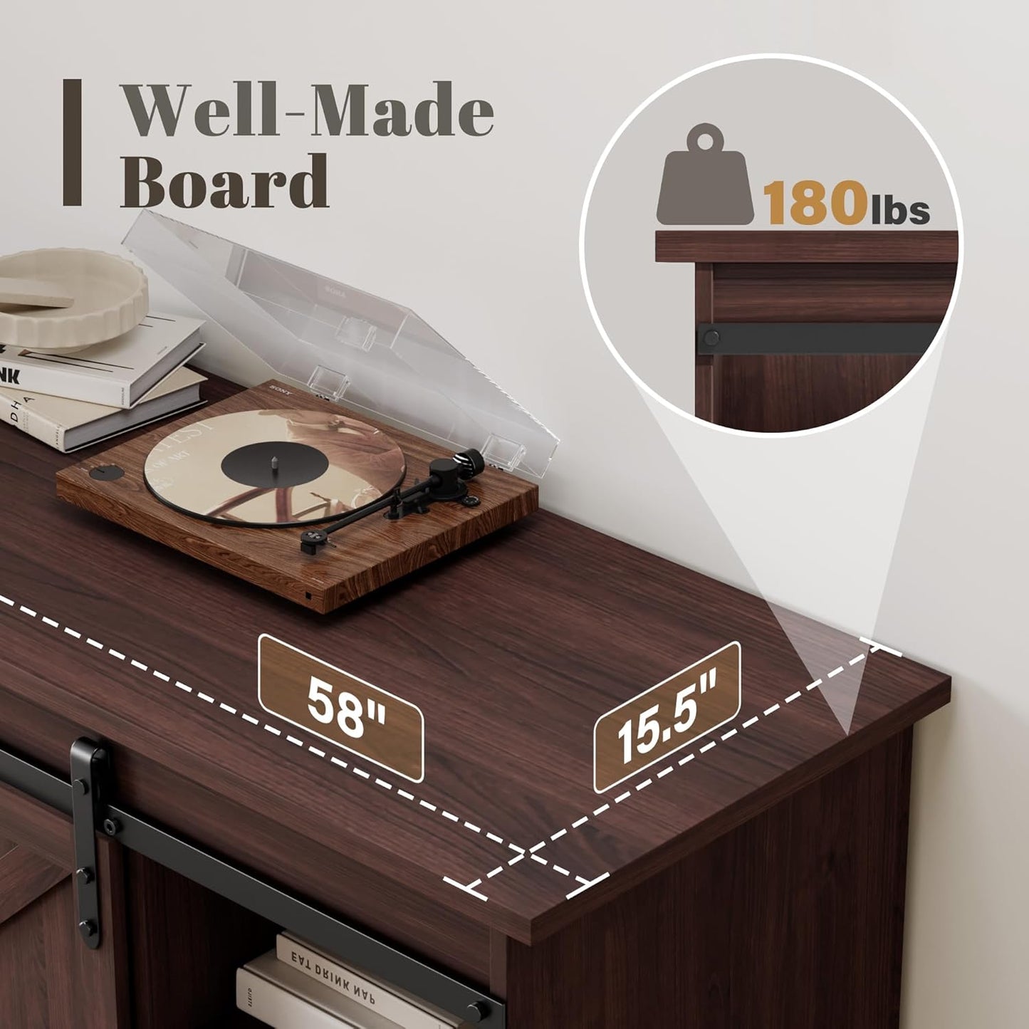 YESHOMY TV Stand for Televisions up to 65 Inchs, with Sliding Barn Doors and 4 Storage Drawers, Console Table and Media Furniture for Living Room, 58 Inch, Espresso