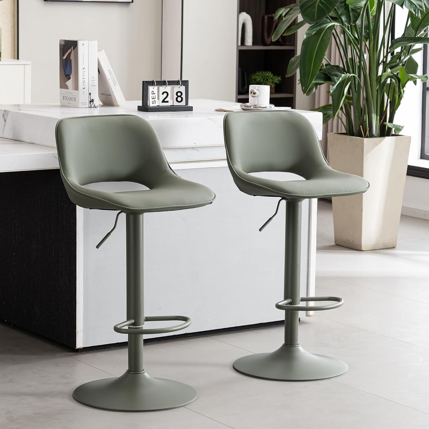 YOUNIKE Bar Stools Set of 2 Modern Swivel Barstools, Adjustable Counter Height Bar Stools Faux Leather Upholstered Counter Stools with Hollow Back for Kitchen Island, All Olive Green