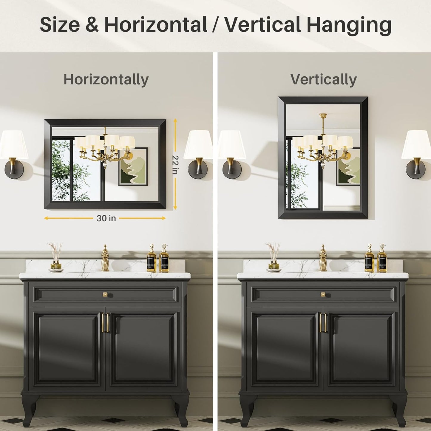 22x30 Inch Black Bathroom Mirror for Wall, Thick Metal Framed Rectangle Mirrors for Over Sink, Bedroom, Living Room, Entryway, Anti-Rust, HD Tempered Glass