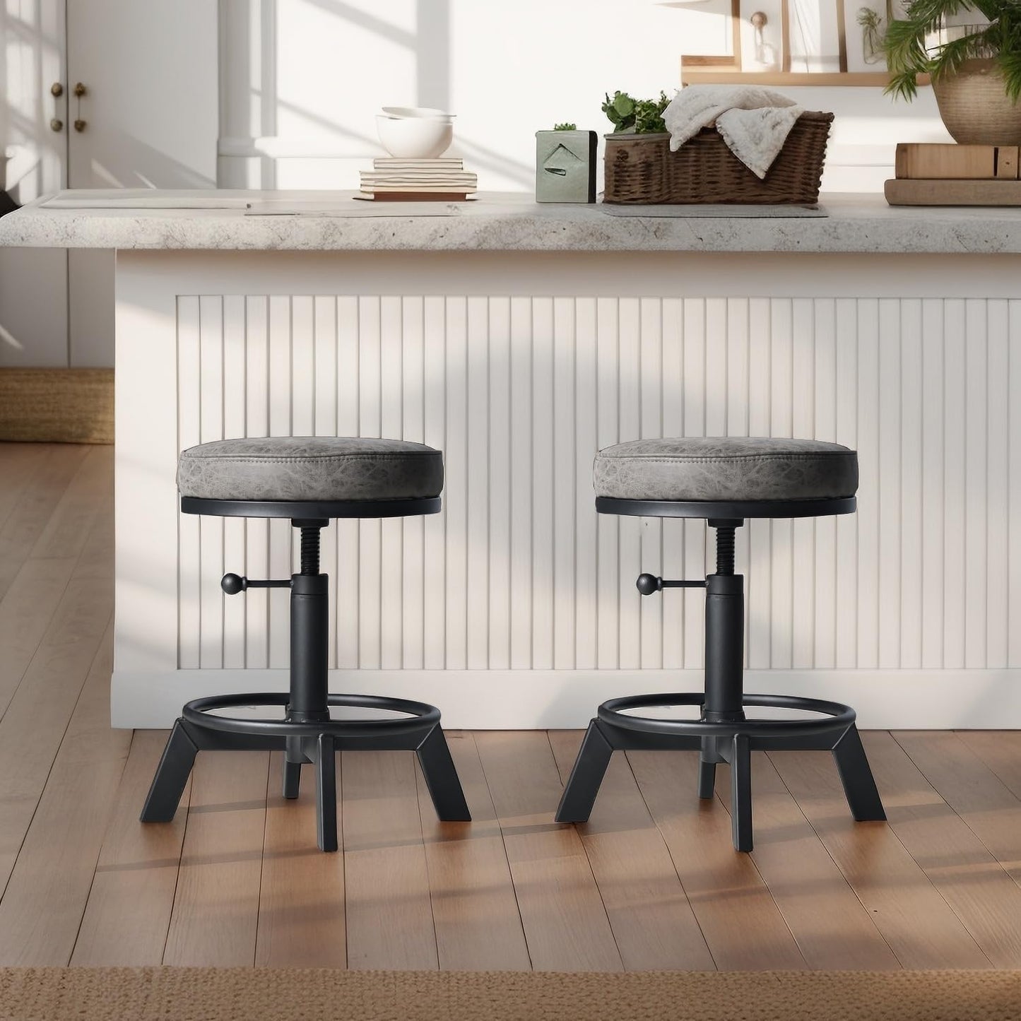 Industrial Bar Stools-Standard Height Chairs-Swivel Pu Seat-Kitchen Island Stool-Height Adjustable 15-21inch(Set of 2)