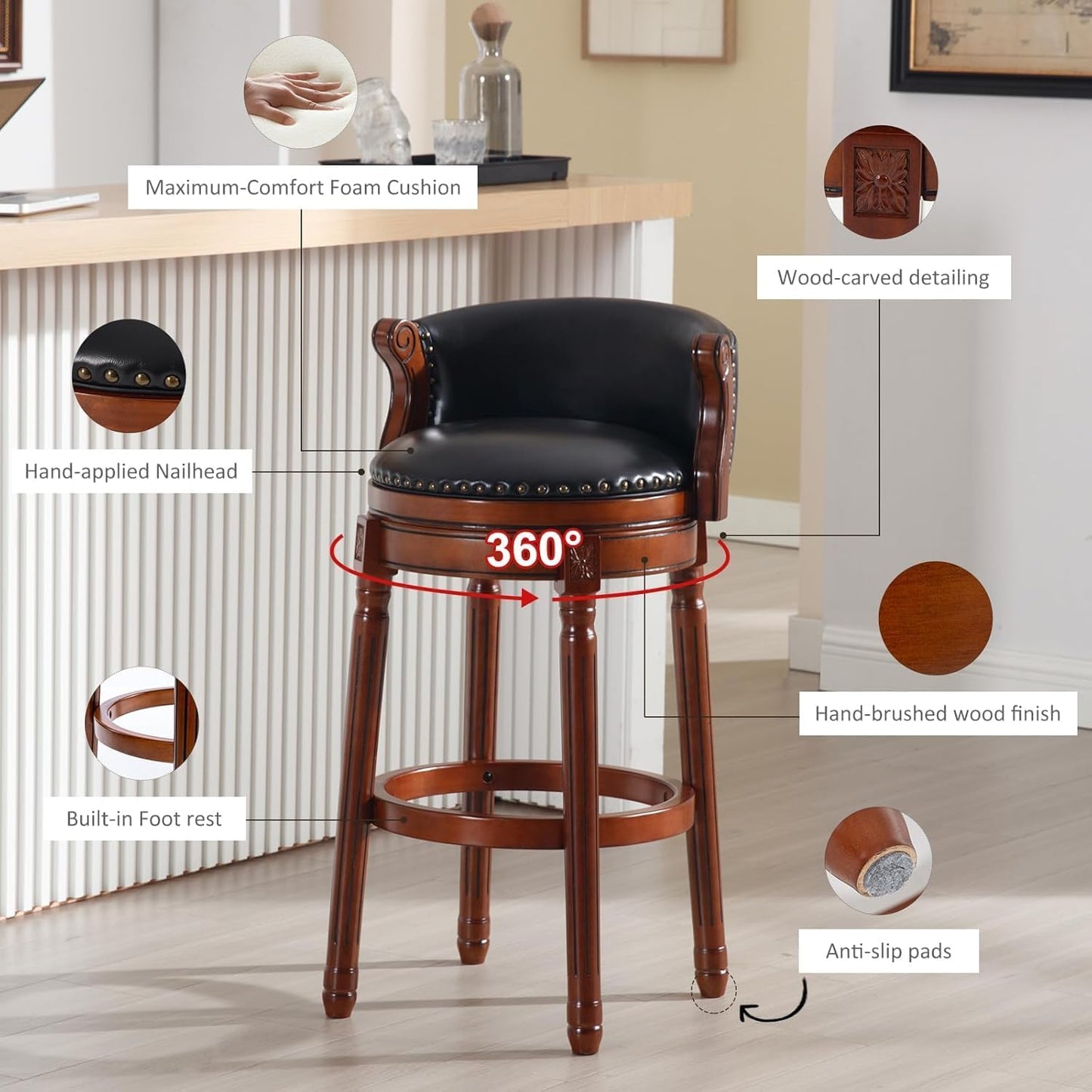 Cow top Leather Wooden Bar Stools, 29.5" Bar Height Bar Chair with Back, 180 Degrees Swivel Barstools Chair for Home Kitchen Counter,Dining Room (Black-2pcs, Bar Height-Seat Height 29.5”)