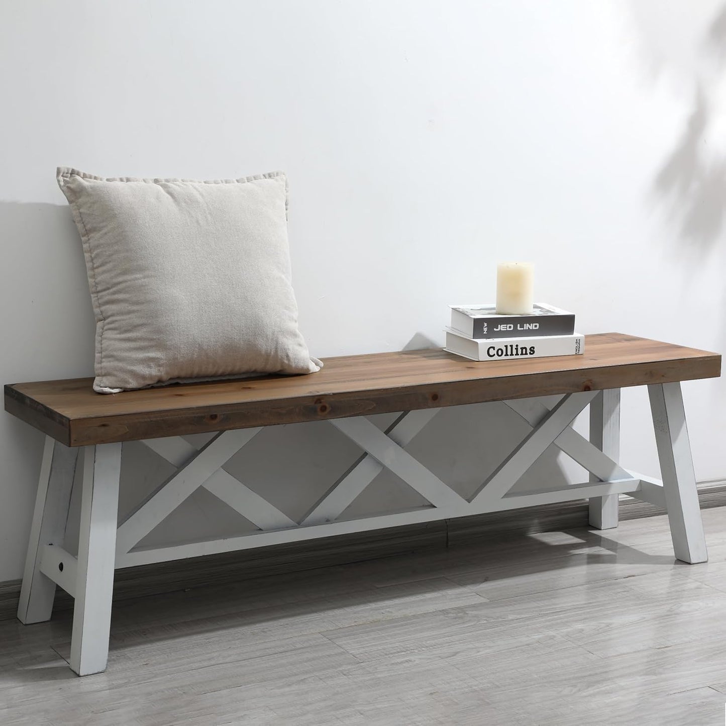 Wnutrees 54" Farmhouse Wood Bench, Rustic Solid Wood Entryway Bench Seat with Double X-Structure for Dining Room, Living Room, Hallway, Structural Stability, White