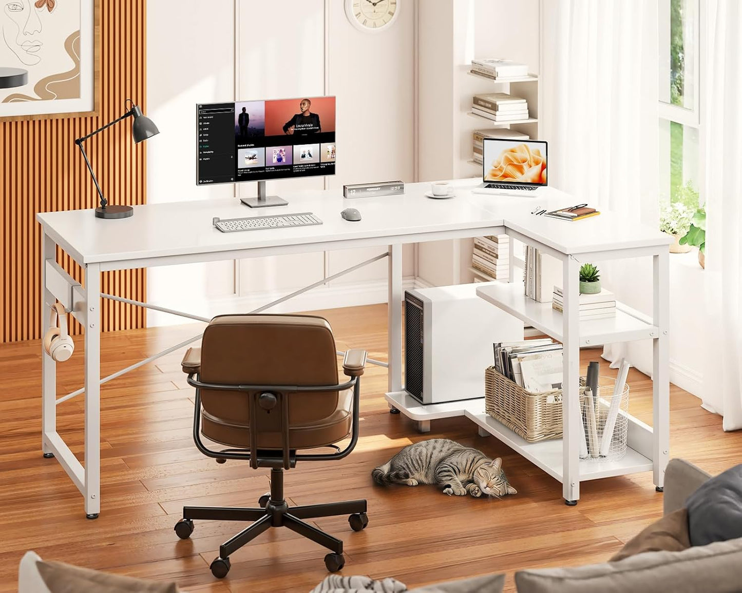 Casaottima L Shaped Computer Desk, 48 Inch Small Corner Desk with Storage Shelves & PC Stand, Reversible Gaming Desk for Bedroom, Modern Writing Study Table for Home Office, White