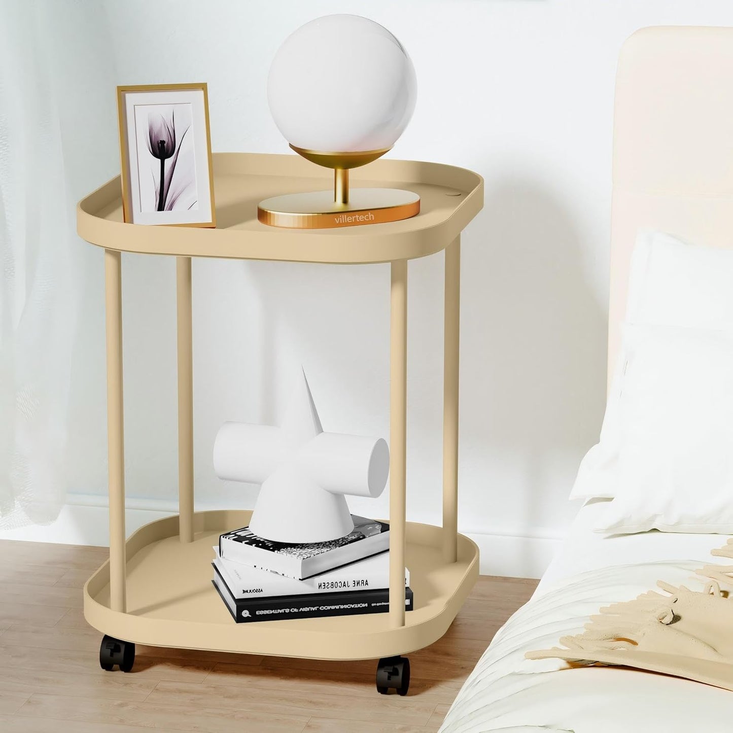 Side Table with Wheels, End Table Living Room Plastic Mobile Sofa Side Table Small Night Stand Bedroom Khaki