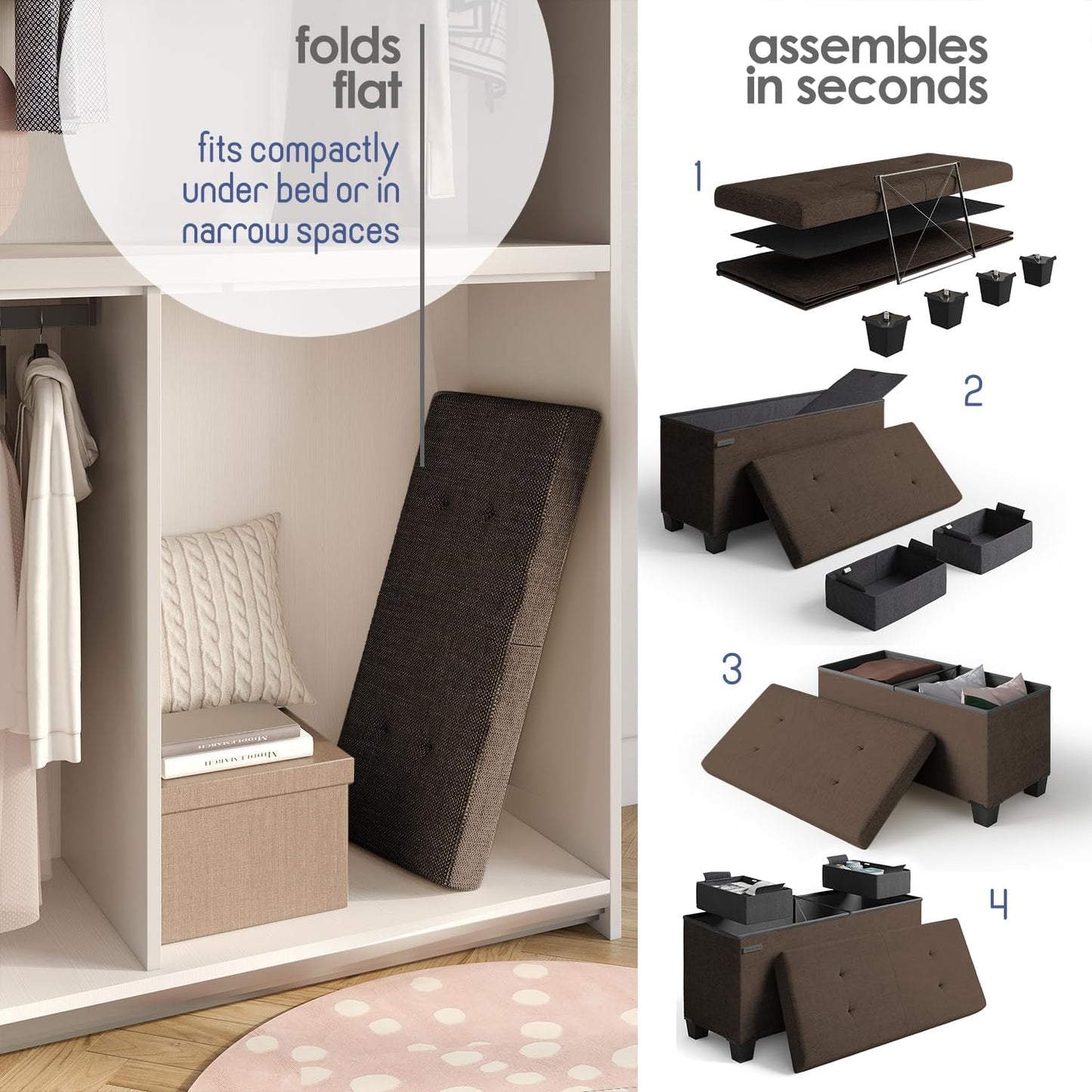 STORAGEBUD Storage Ottoman Bench with Bins, 30-in Storage Bench for Bedroom End of Bed, Folding Foot Rest Ottoman for Living Room Max 660lbs, Fabric Ottomans, Brown