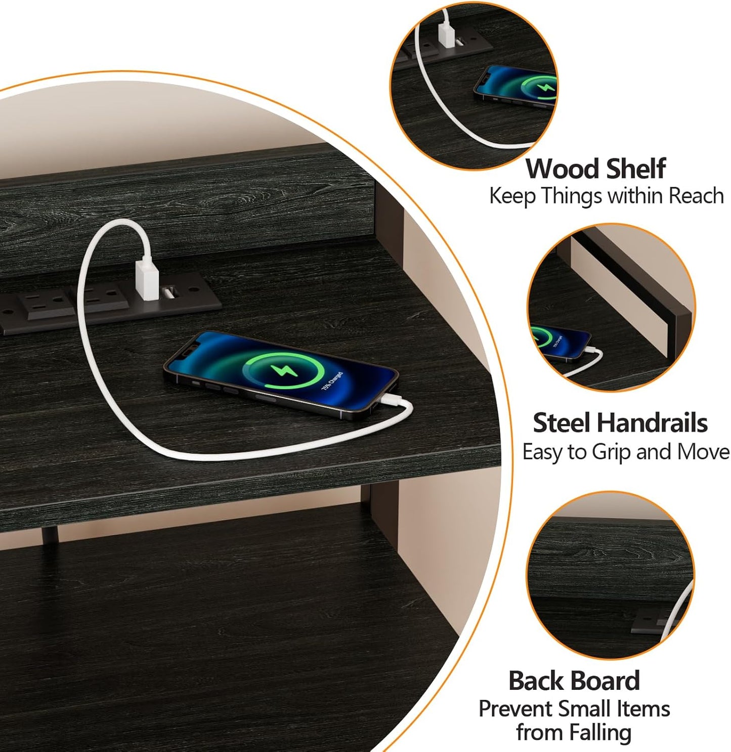 Furnulem Night Stand with Charging Station, Black Nightstand with Drawers and Led Light, Tall Dresser for Bedroom, Bedside Table with Fabric Storage Bins, Metal Frame, Wood Furniture