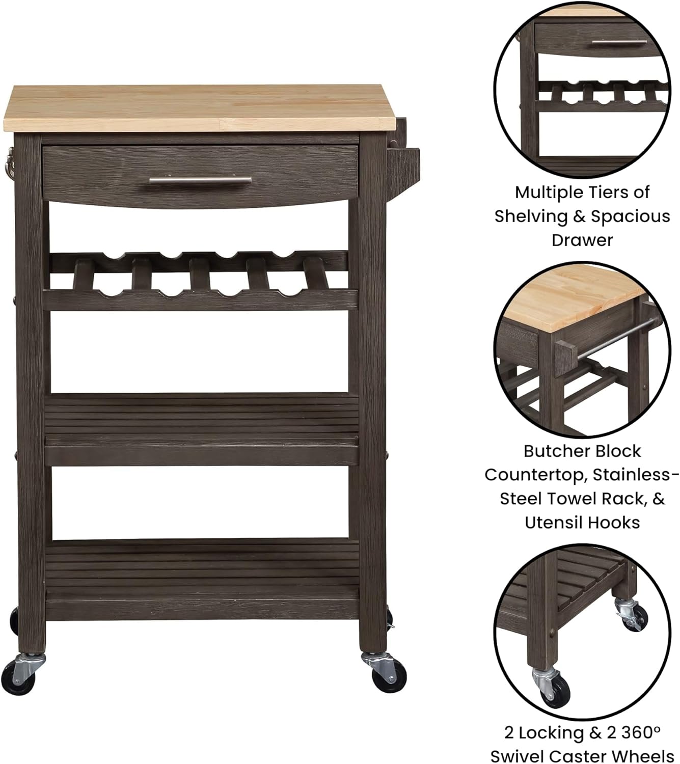 Convenience Concepts Ellaine 4 Tier Kitchen Cart with Drawer and Wine Rack, 24.75 x 16.5 x 34.5, Wirebrush Dark Gray/Butcher Block