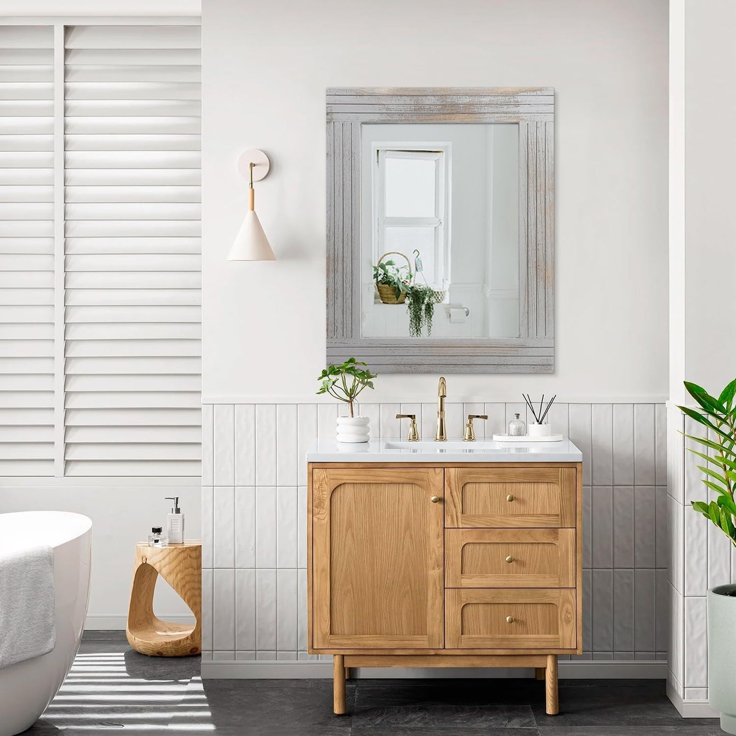 Large Rustic Wall Mirror, Rectangular Vintage Wood Framed Large Mirror Deco Farmhouse Living Room Bathroom Bedroom Entrance Mirror Light Gray 26" x 18"