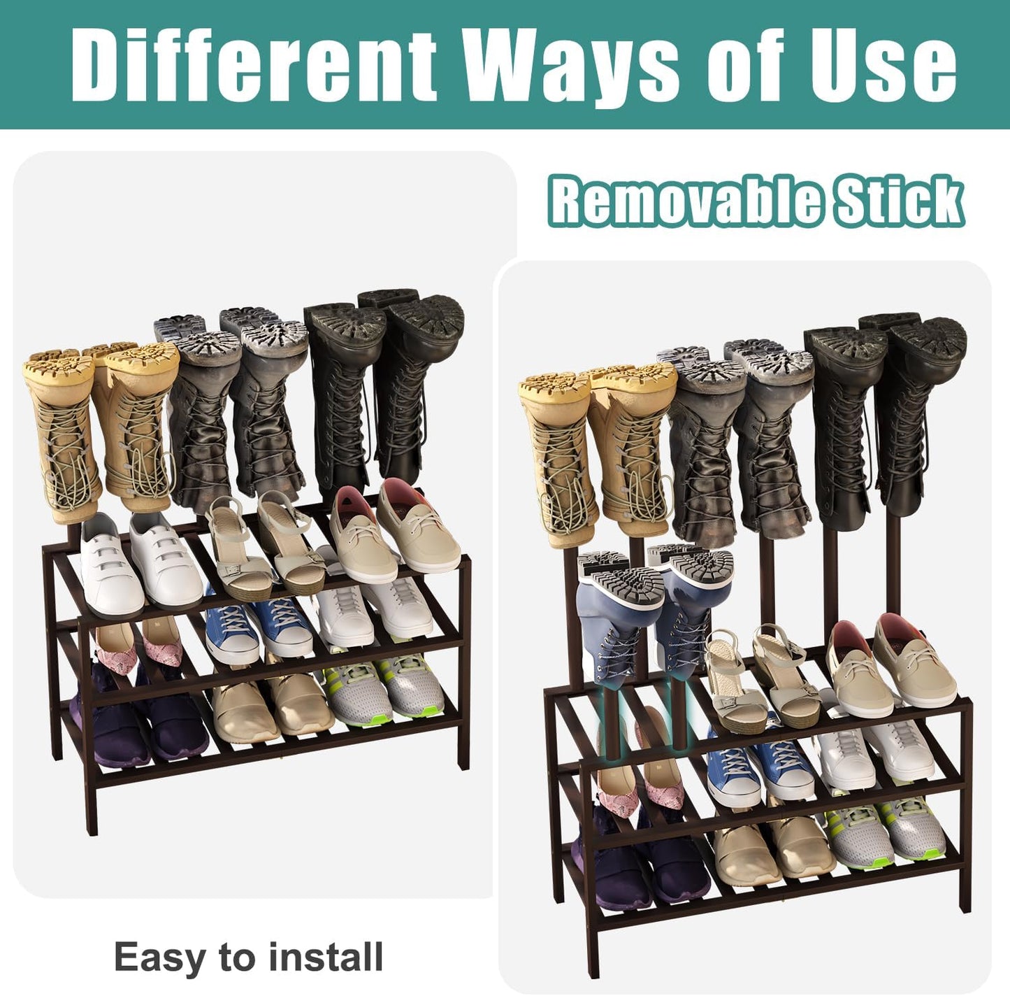 Boot Rack, Brown Boot Rack Organizer Tall Boots with Shoe Rack for Closet, Bamboo Wood Shoe Shelf Storage Organizer for Entryway Space