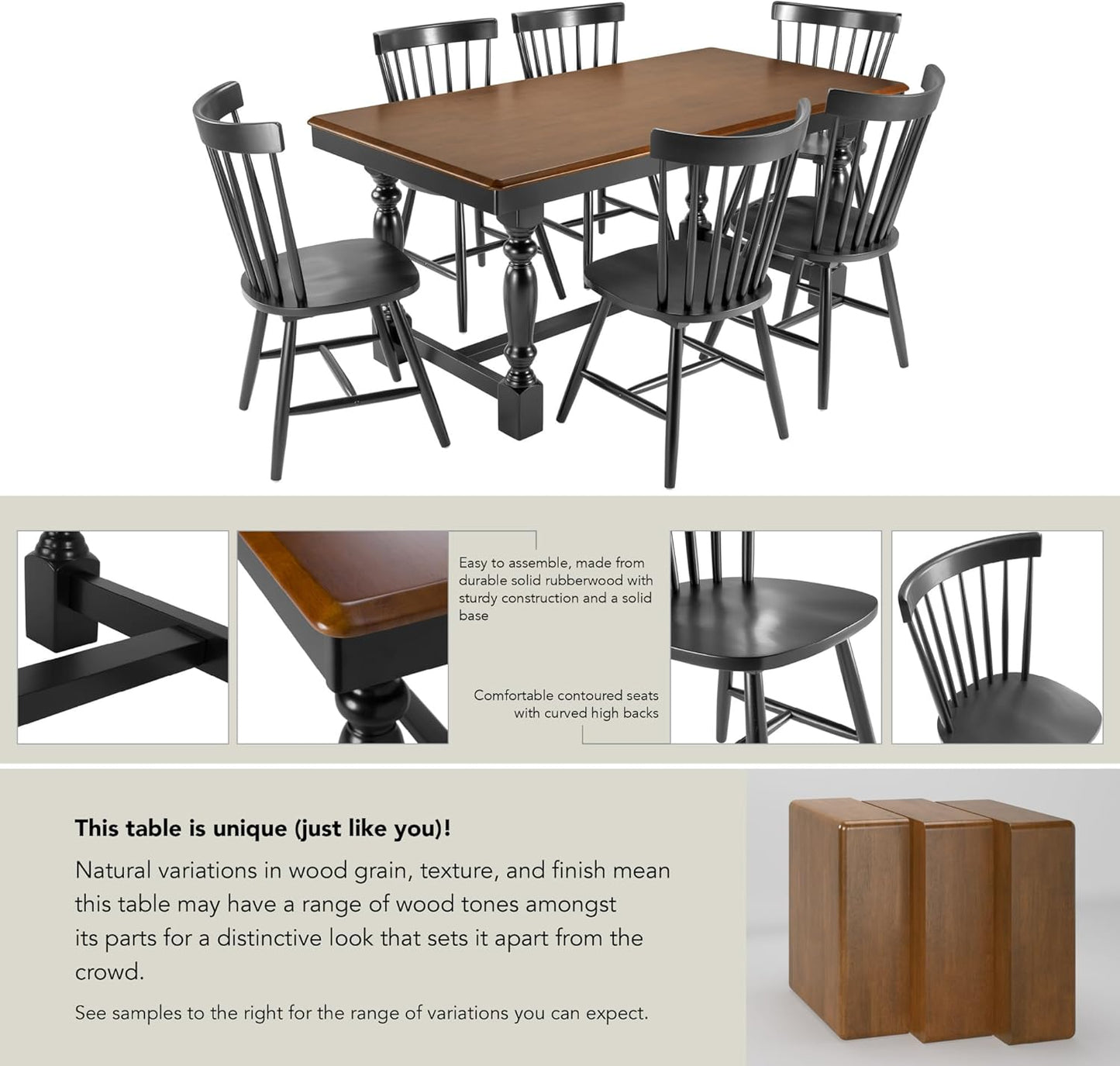 Bush Furniture Rectangular Dining Table Set for 6, with 67 inch Squire Trestle, High Back Spindle Dining Chairs, Farmhouse Transitional, Sterling Collection, Dark Brown and Black