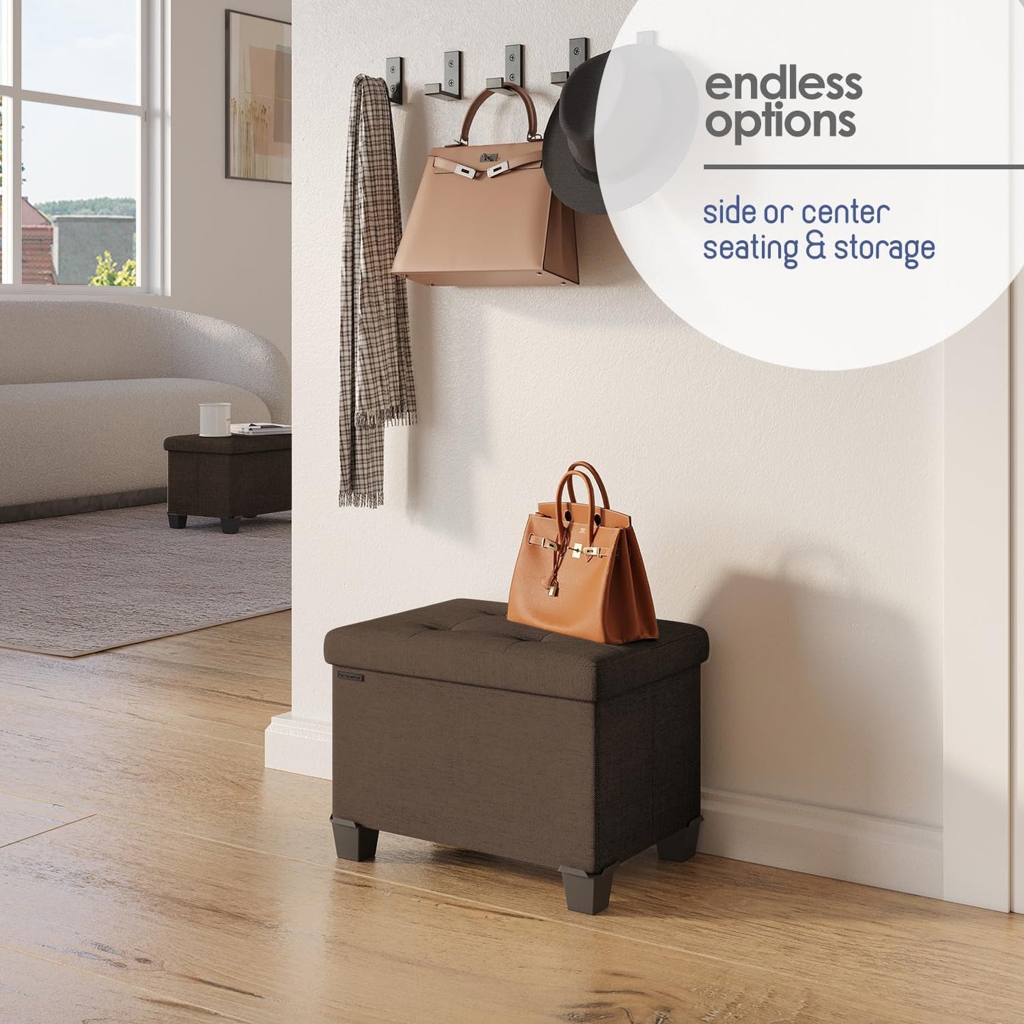 STORAGEBUD Storage Ottoman Cube with Small Bin, 16-in Square Ottoman with Storage for Living Room and Bedroom, Small Ottomans Foot Rest, Fabric Foot Stools Ottomans Max 330lbs, Brown