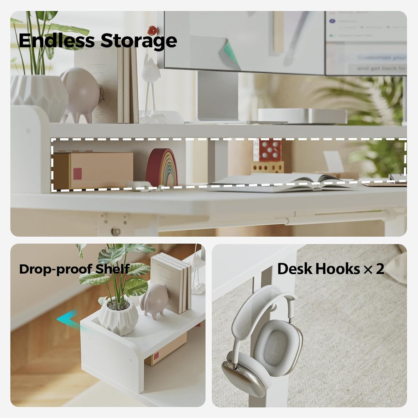 Agilestic L Shaped Standing Desk, Corner Desk with Monitor Shelf, Adjustable Height Gaming Table, Sit Stand Up Table, 63 x 55 Inch Home Office Computer Workstation, Splice Board, White