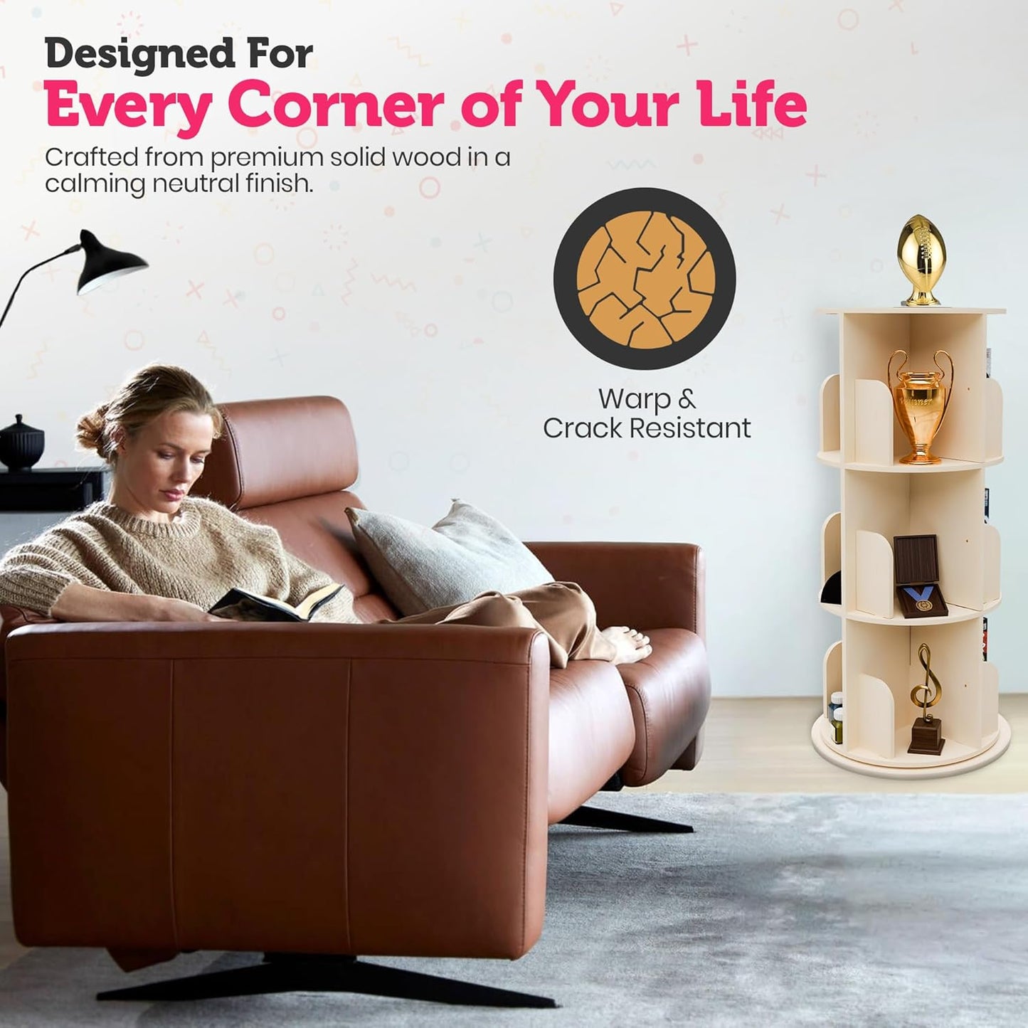 Rotating Kids Bookshelf – 3-Tier 360° Spinning Bookcase Tower, Solid Pine Wood, 12 Cubbies, Toddler Bookshelf Organizer & Lazy-Susan Storage for Nursery, Classroom or Playroom (Natural Finish)