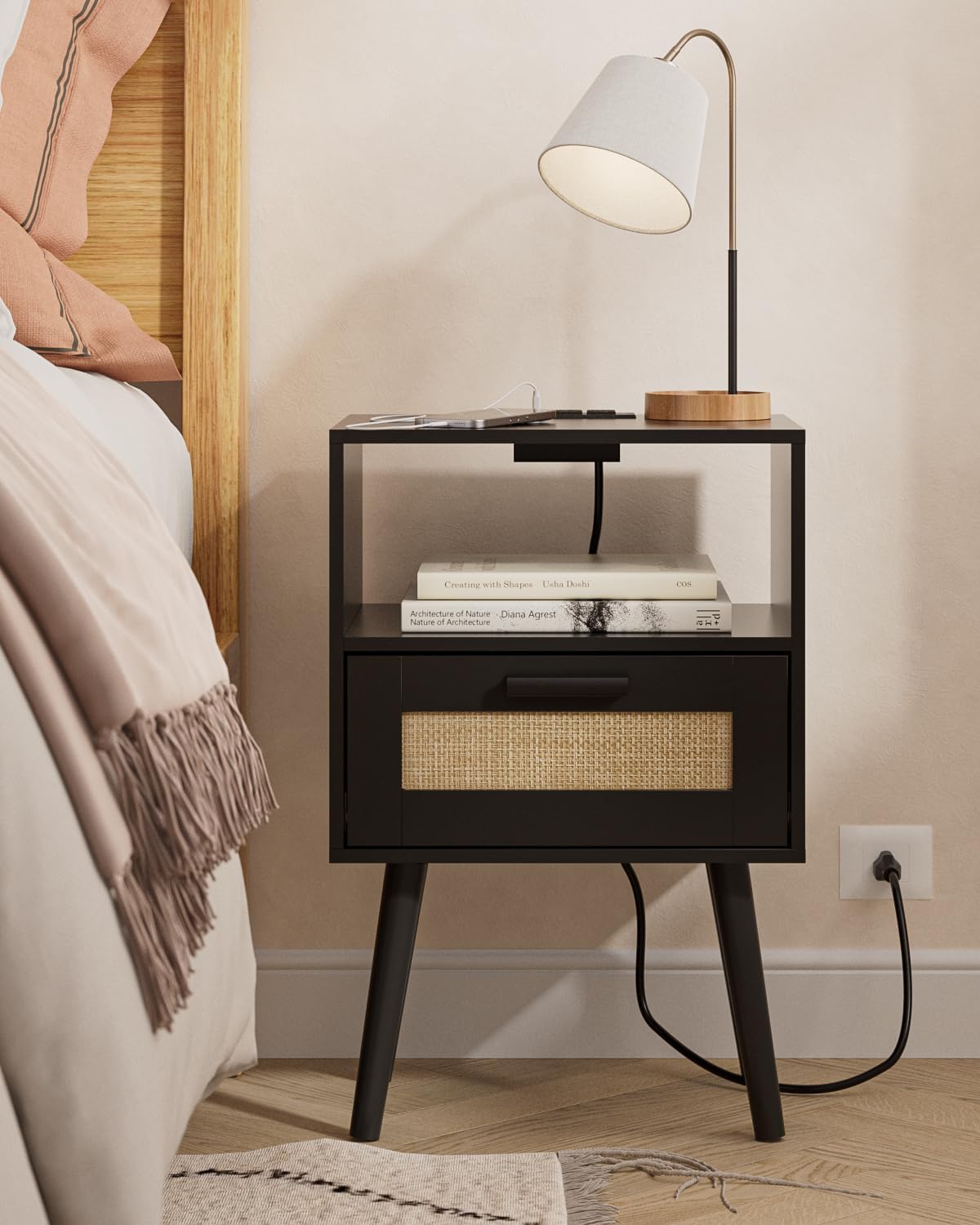 Bedroom Nightstands Wooden Night Stands with Rattan Weaving Drawer Home Bedside End Table for Bedroom Storage (Modern-Black)