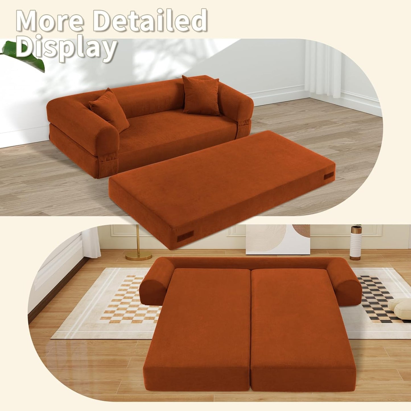 80" Convertible Sofa Bed, Corduroy Deep Seat Folding Pull Out Couch with Pillows, No Assembly Modern Boneless Couch Compression Sofa in Box, Floor Sofa with Storage Pocket for Living Room, Orange