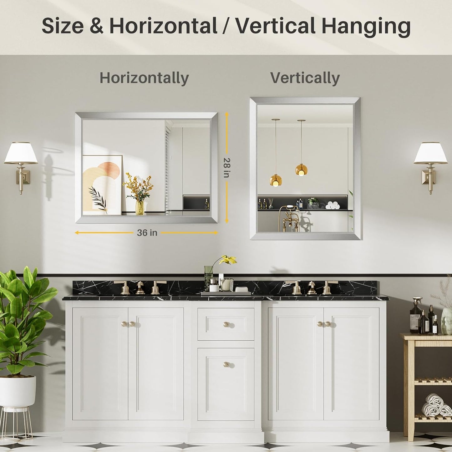 28x36 Inch Silver Bathroom Mirror for Wall, Thick Metal Framed Rectangle Mirrors for Over Sink, Bedroom, Living Room, Entryway, Anti-Rust, HD Tempered Glass