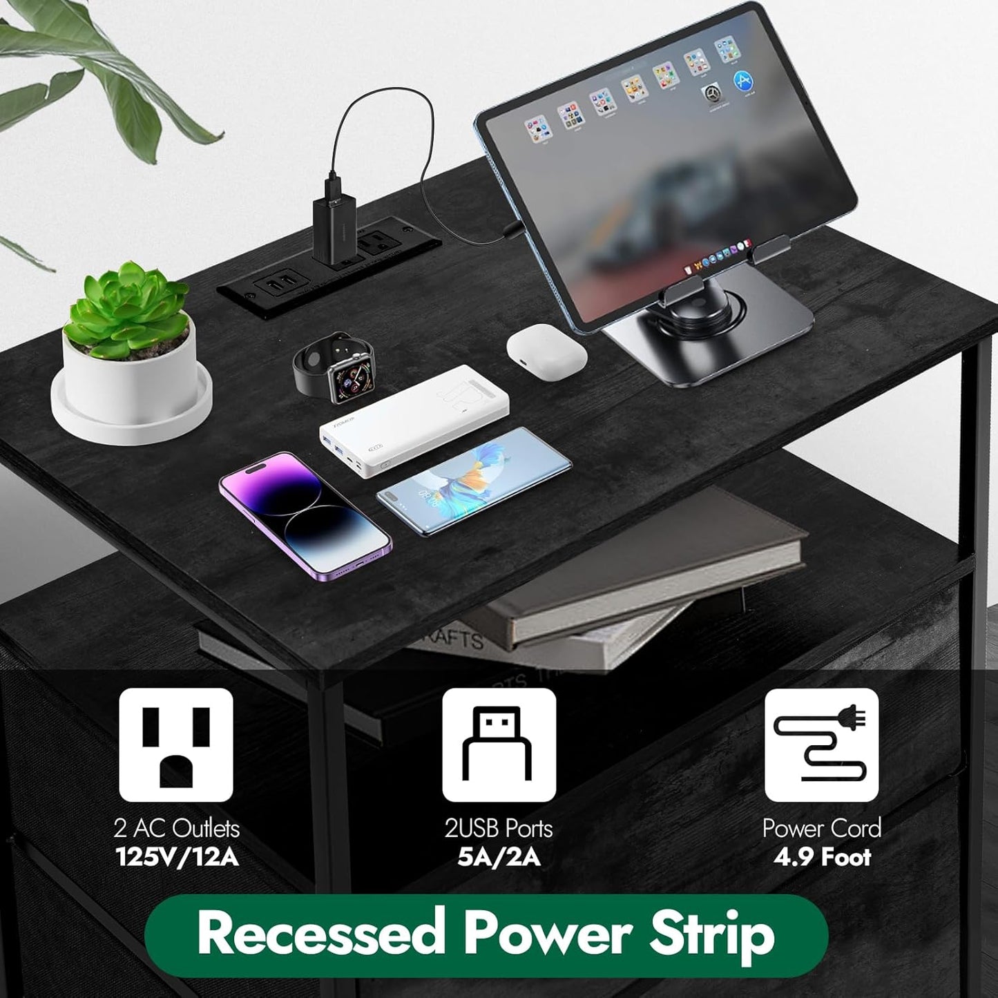 3 Drawers Dresser with Charging Station, 24 Inch Wide LED Night Stand with Adjustable Fabric Drawer, Nightstand with Storage Shelf for Living Room/Bedroom/Office, Black.