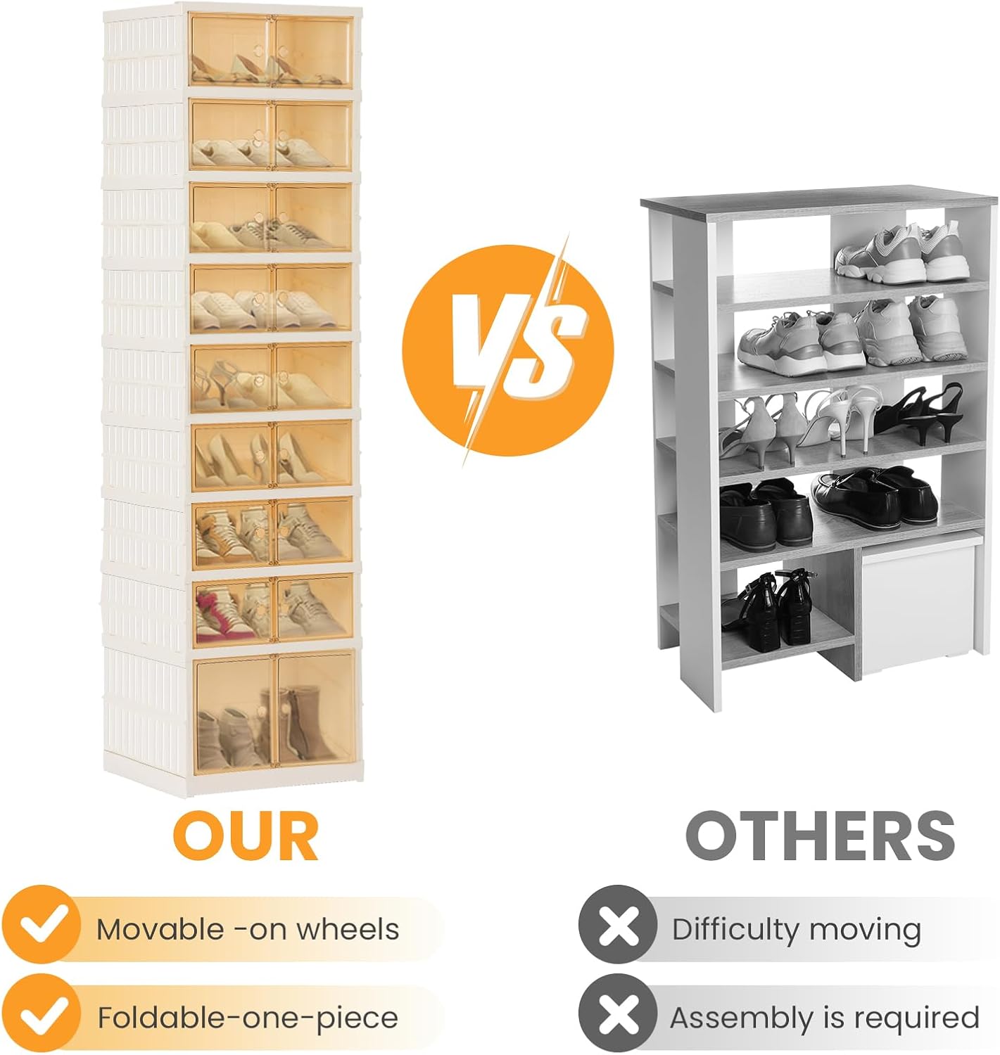 Foldable Shoe Organizer Storage Box, Portable Extra Large Folding Shoe Rack for Closet, Shoe Storage Box with Magnetic Transparent Door and Wheels, 9 Layers 18 Grids with 2 Big Grids for 2 PCS