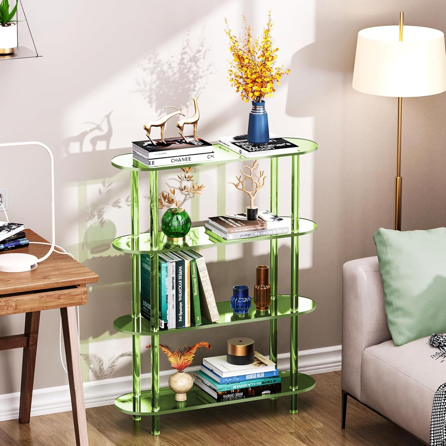 Clear Bookshelf, Acrylic Bookcase with Open Book Shelf Console Table for Entryway Office (4 Tier Green)