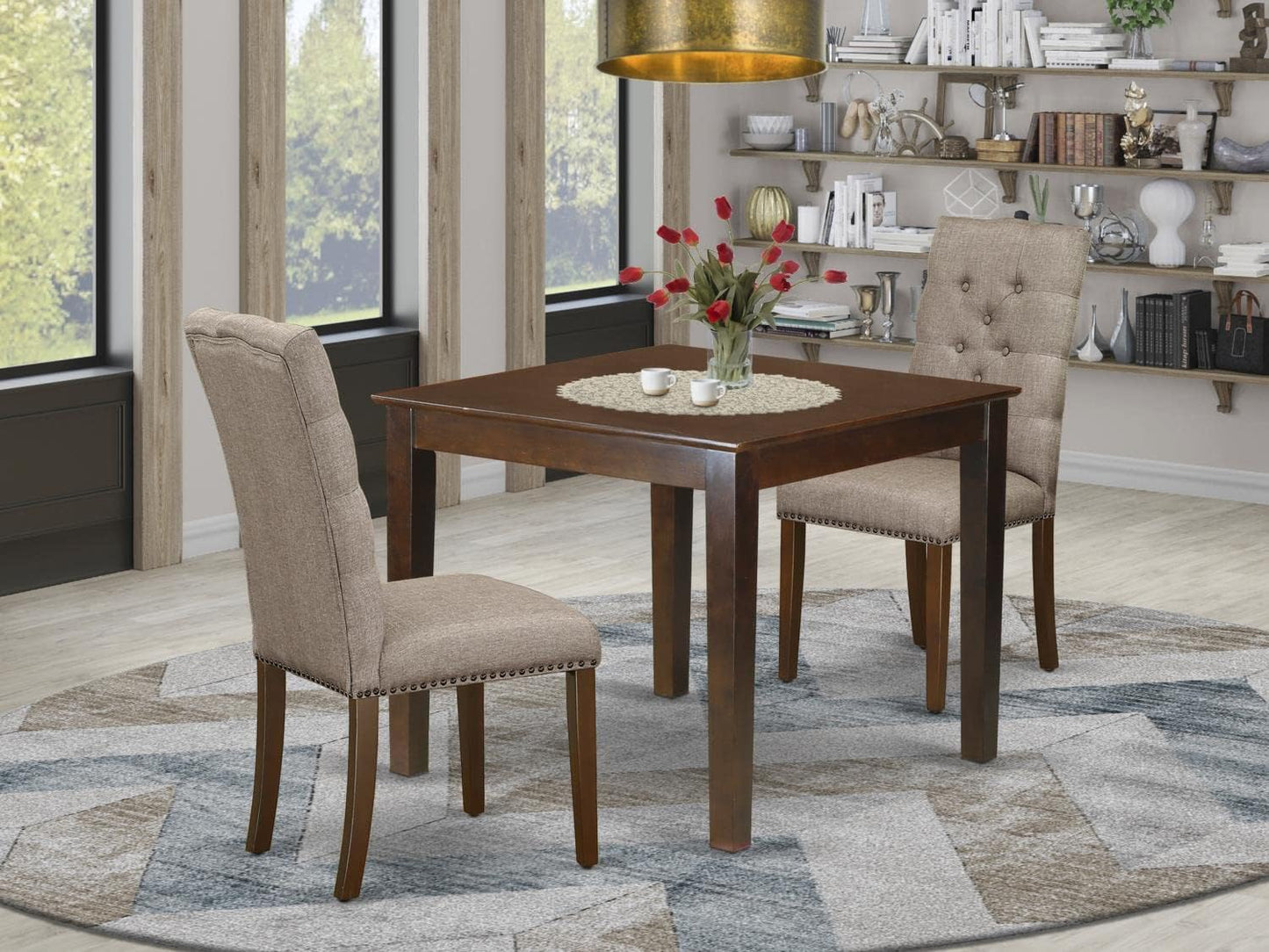 East West Furniture OXEL3-MAH-16 3 Piece Dining Set Contains a Square Dining Room Table and 2 Dark Khaki Linen Fabric Upholstered Parson Chairs, 36x36 Inch, Mahogany