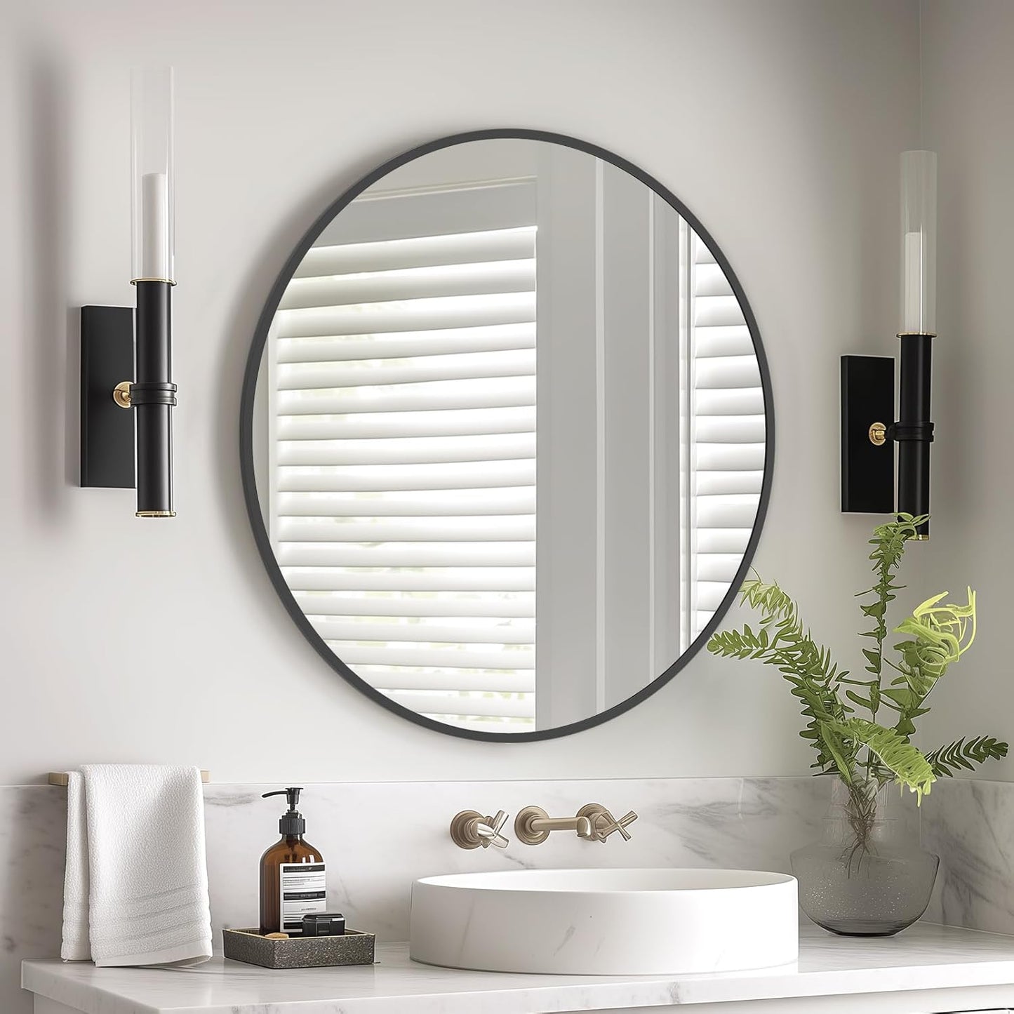 HOMECOOKIN Round Wall Mirror 20" Black Circle Mirror for Bathroom with Metal Framed, Round Gold Mirror for Wall Decor, Vanity, Entryway Living Room