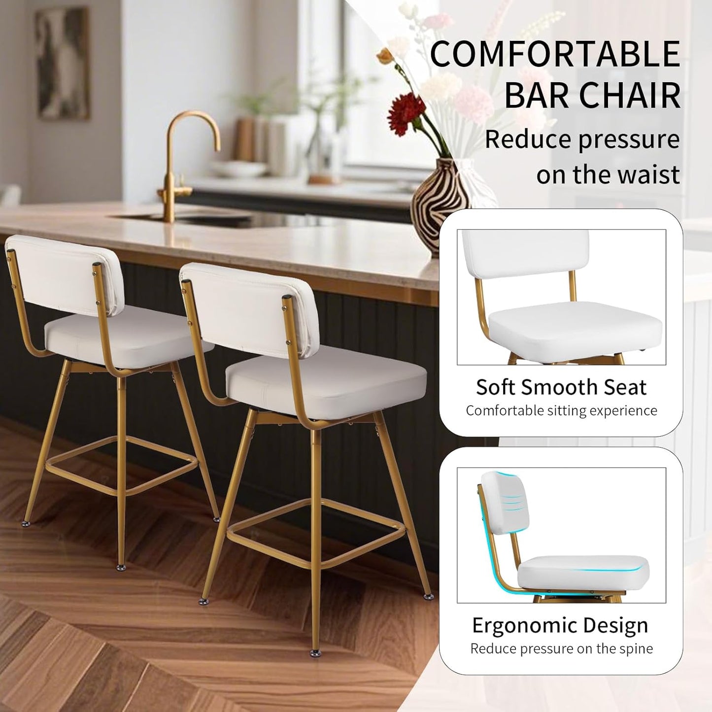 Swivel Counter Height Bar Stools Set of 2, Faux Leather Bar Stools with Back, Metal Legs and Footrest, 26" Seat Height Barstools for Kitchen Islands and Home Bars, Easy Assembly, White&Gold