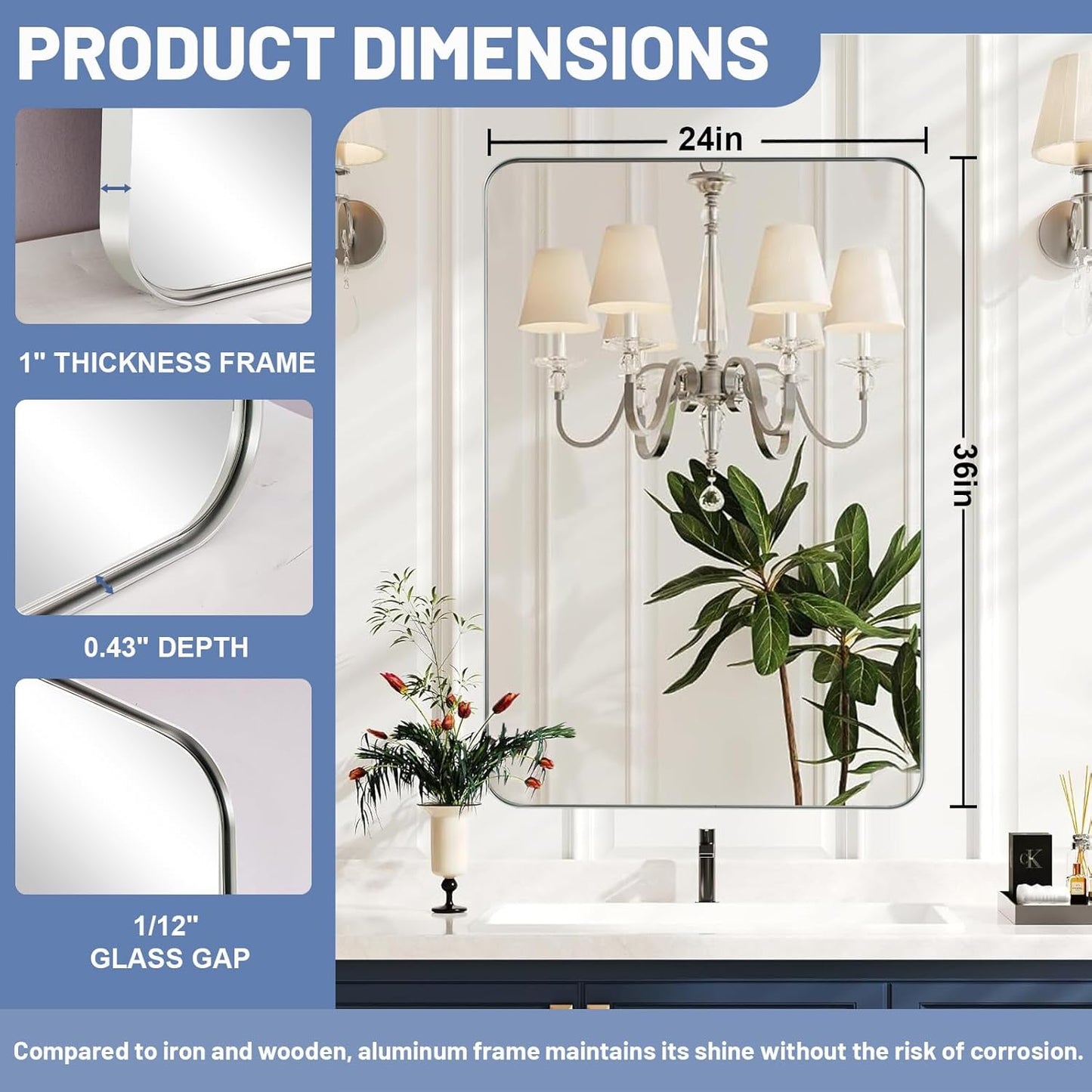 24x36 Inch Silver Bathroom Mirror for Wall, Metal Framed Rectangle Mirror with Rounded Corner, Bathroom Vanity Mirror in Aluminum Alloy, Hangs Horizontally or Vertically