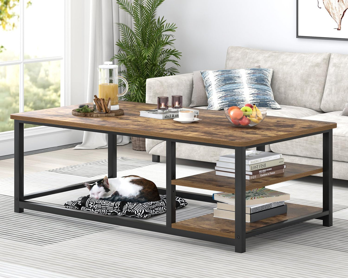 EXCEFUR Modern Coffee Table, Rustic Wood and Metal Living Room Table with Storage Shelf, Industrial Brown, 47 Inch
