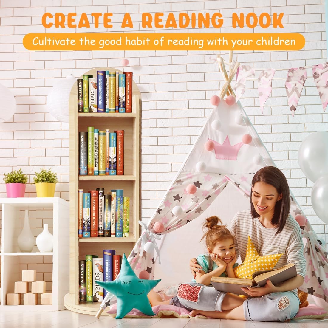 DELEMODUO Kids Rotating Bookshelf with Mirror, 48inch Wood Stading Floor Bookshelf for Small Space, 4 Tier Floor Standing Bookcase Storage Rack for Bedroom, Living Room, Study Room